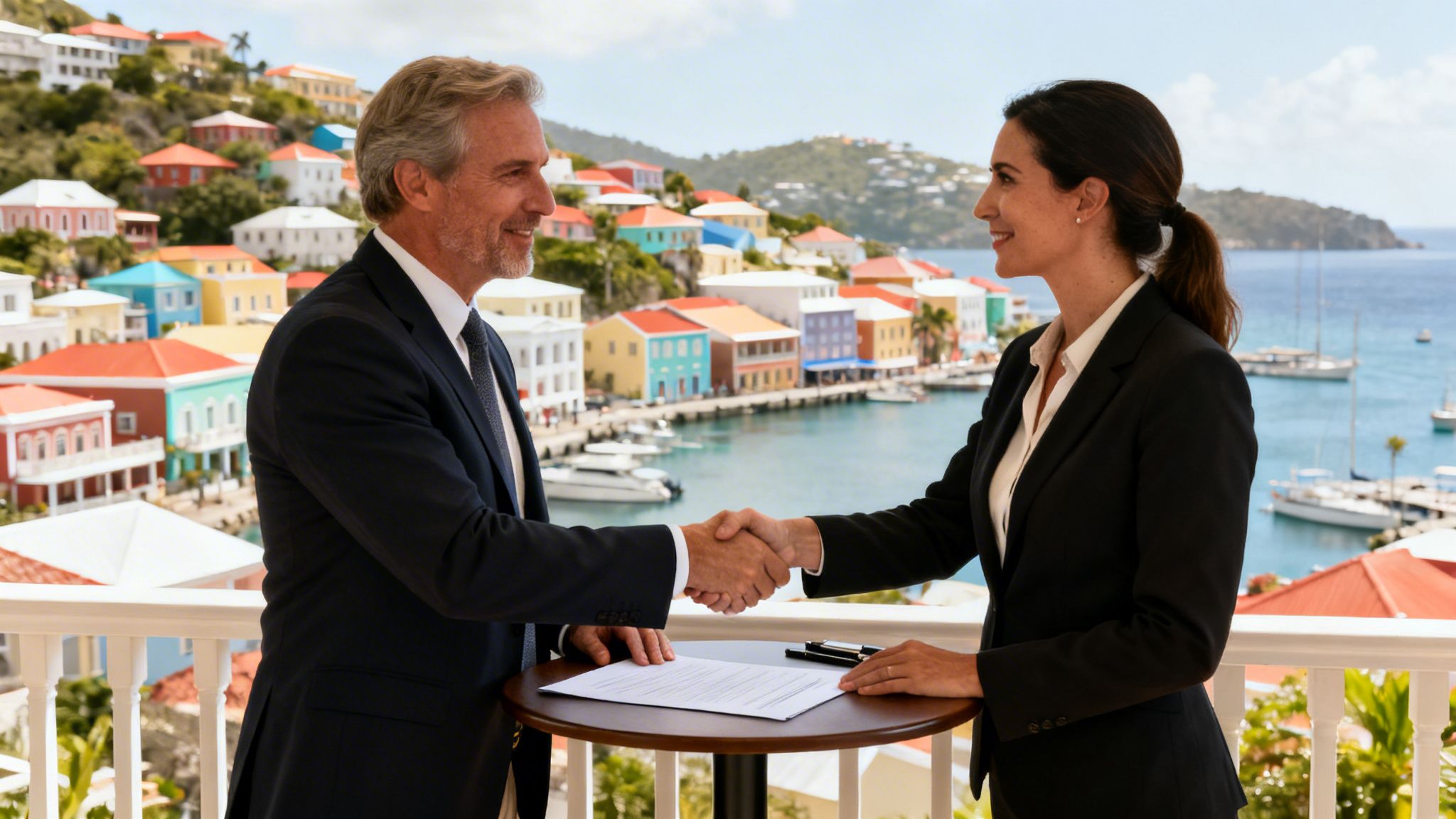 Two smiling business professionals shaking hands on a balcony overlooking a vibrant Caribbean harbor town.
