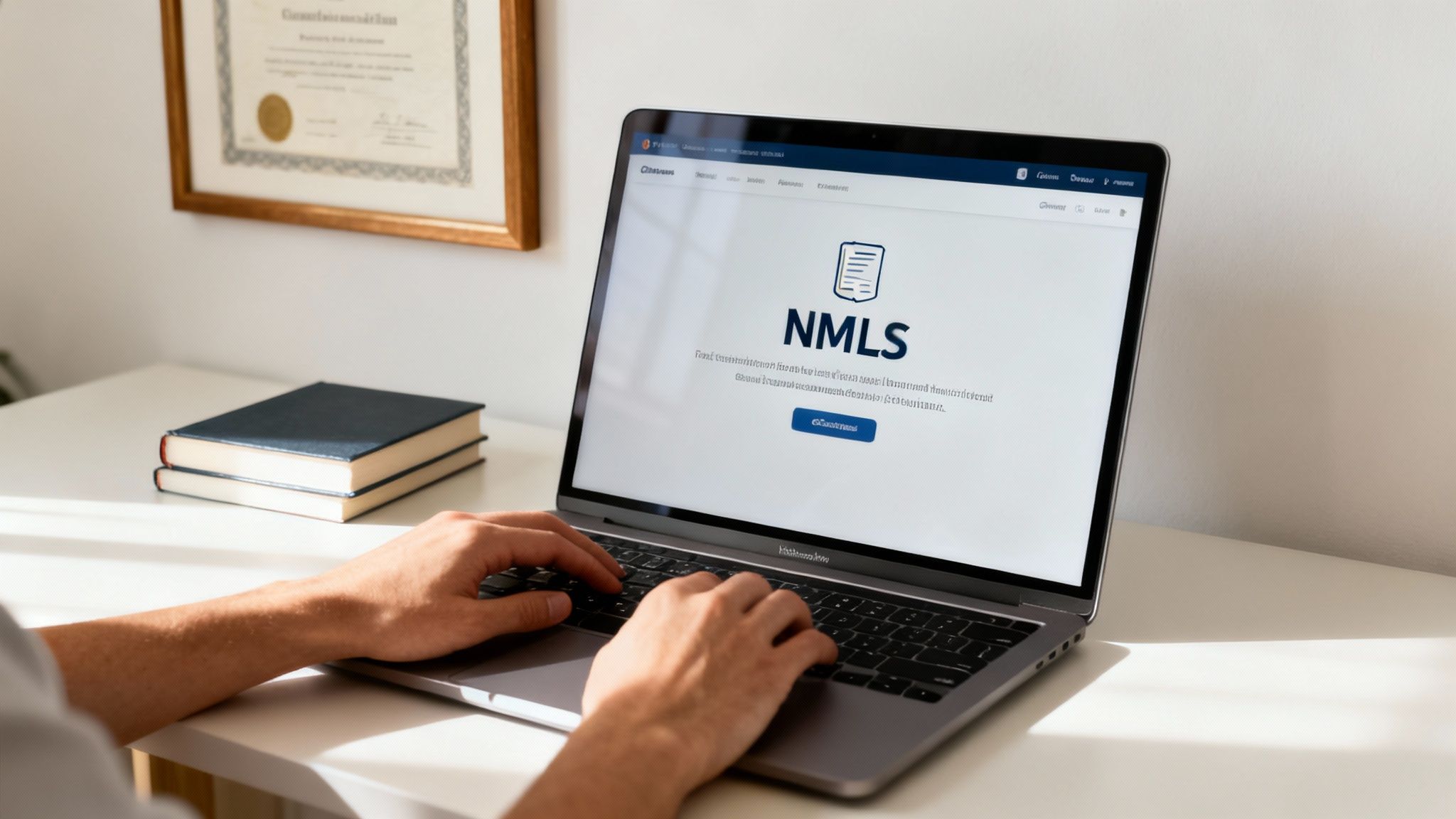 A person types on a laptop displaying 'NMLS' on screen, with books and a framed certificate nearby.
