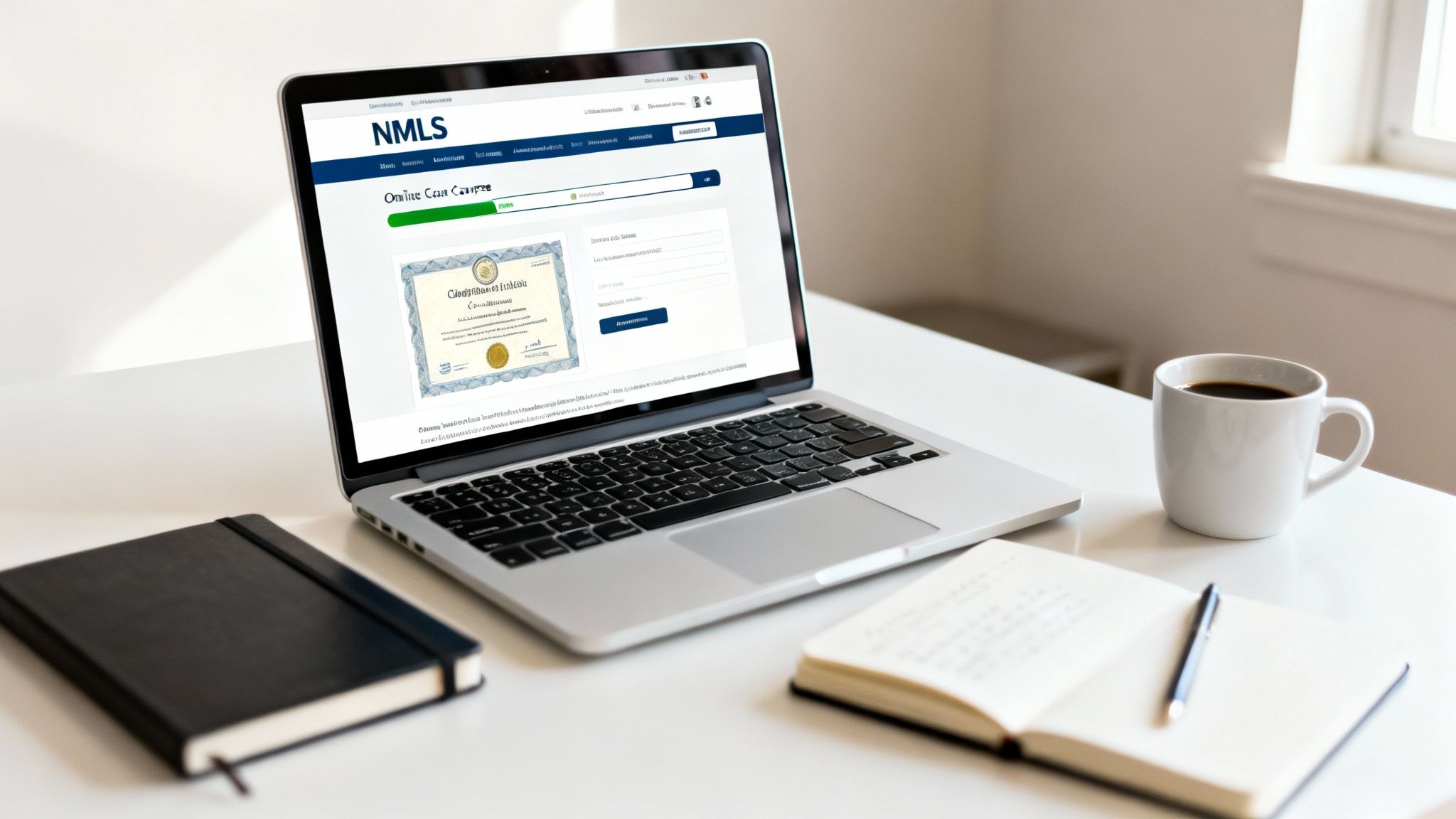 Clean workspace with a laptop displaying the NMLS website and a certificate, alongside coffee and notebooks.