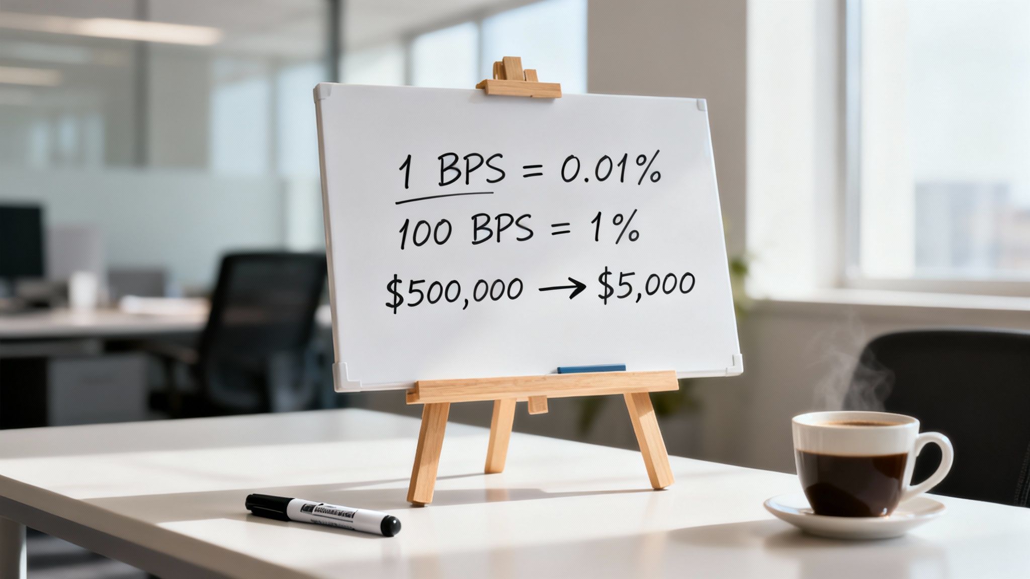Whiteboard on a desk showing BPS financial calculations with a money example and a steaming coffee cup in an office.