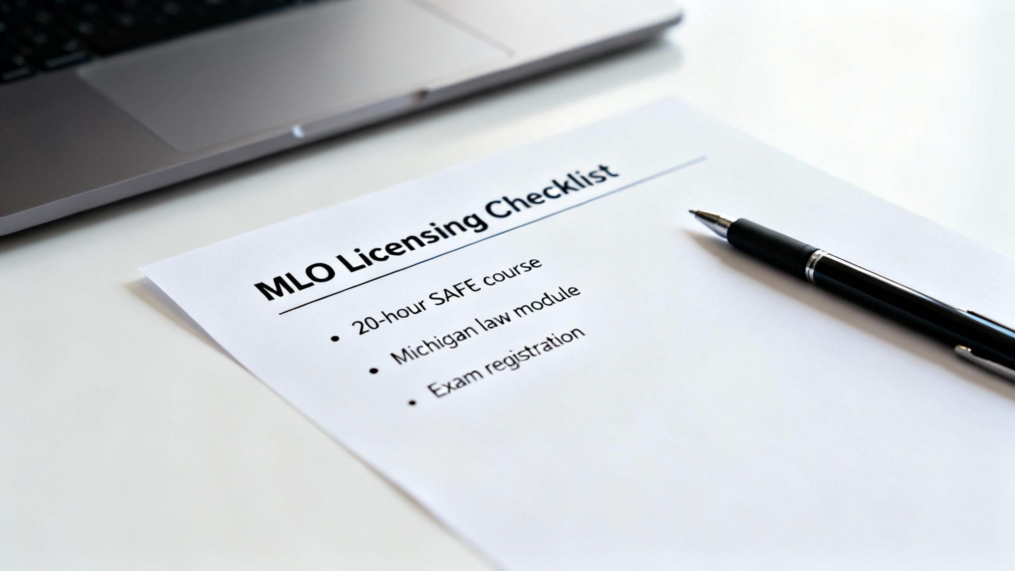A close-up of an MLO Licensing Checklist document with a pen and a laptop on a white desk.