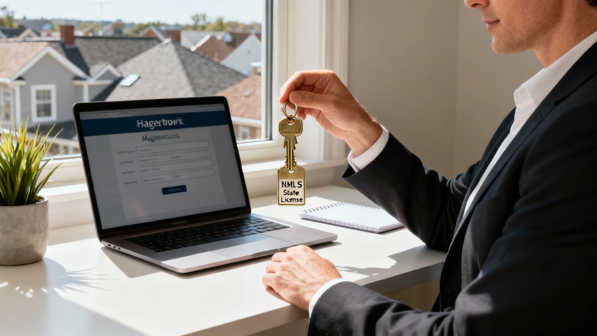 A professional woman working on her laptop in a modern office, symbolizing a successful career as a successful Mortgage Loan Originator.