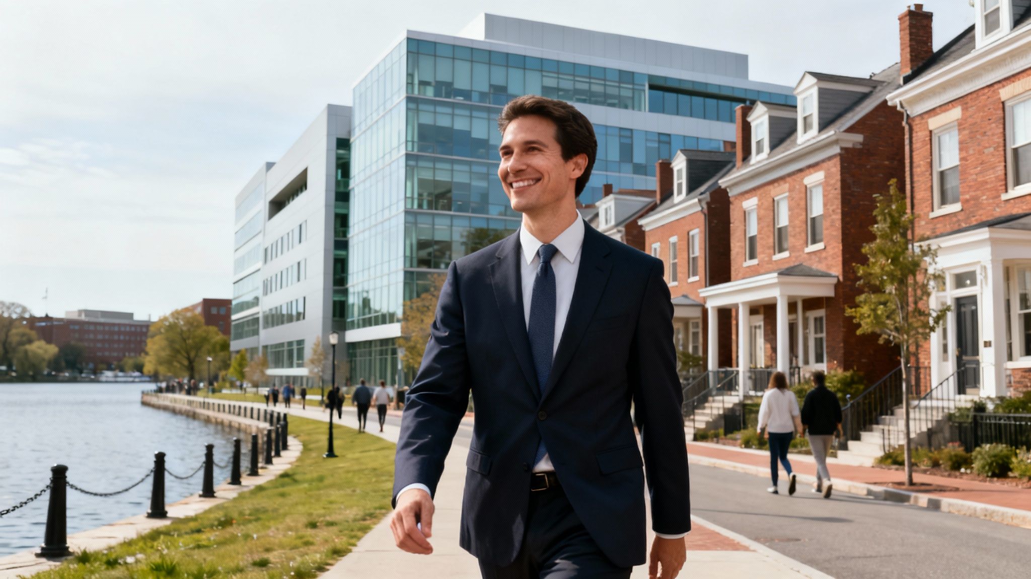 A smiling professional man in a suit walks on a pathway beside a river and diverse architecture.