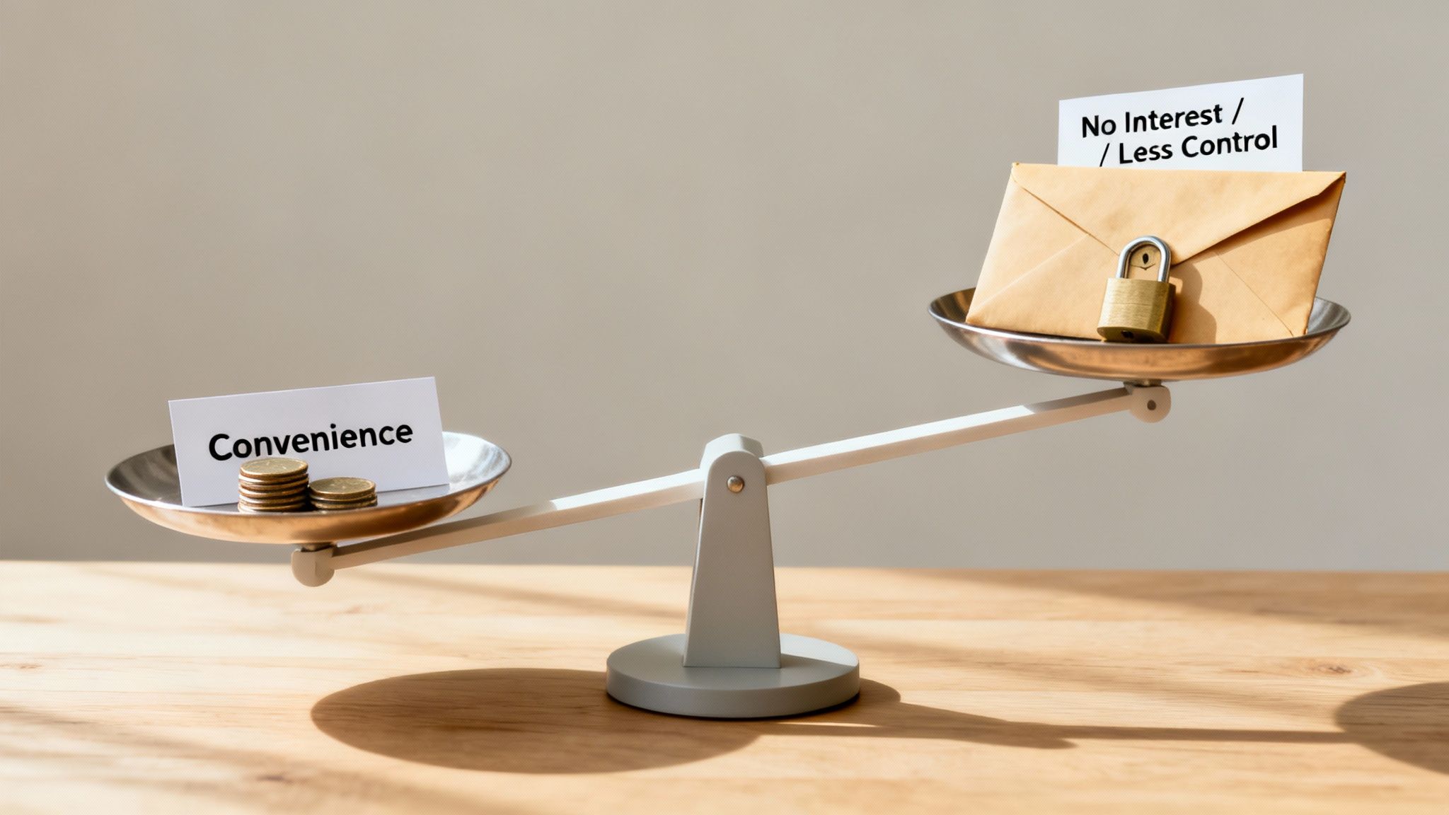A balance scale illustrates "Convenience" and coins outweighing "No Interest / Less Control" with a locked envelope.