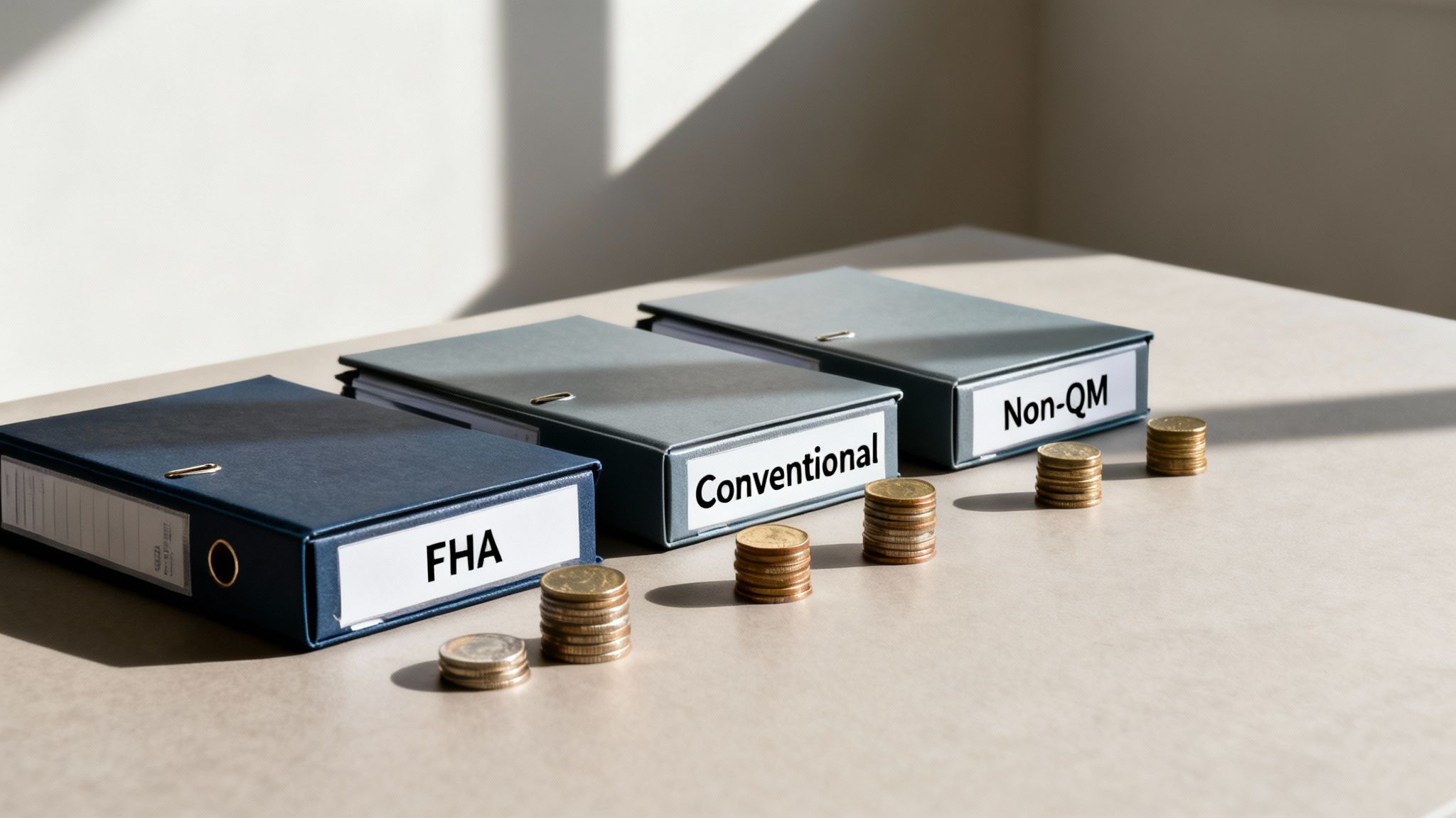 Three mortgage loan binders (FHA, Conventional, Non-QM) with varying stacks of coins.