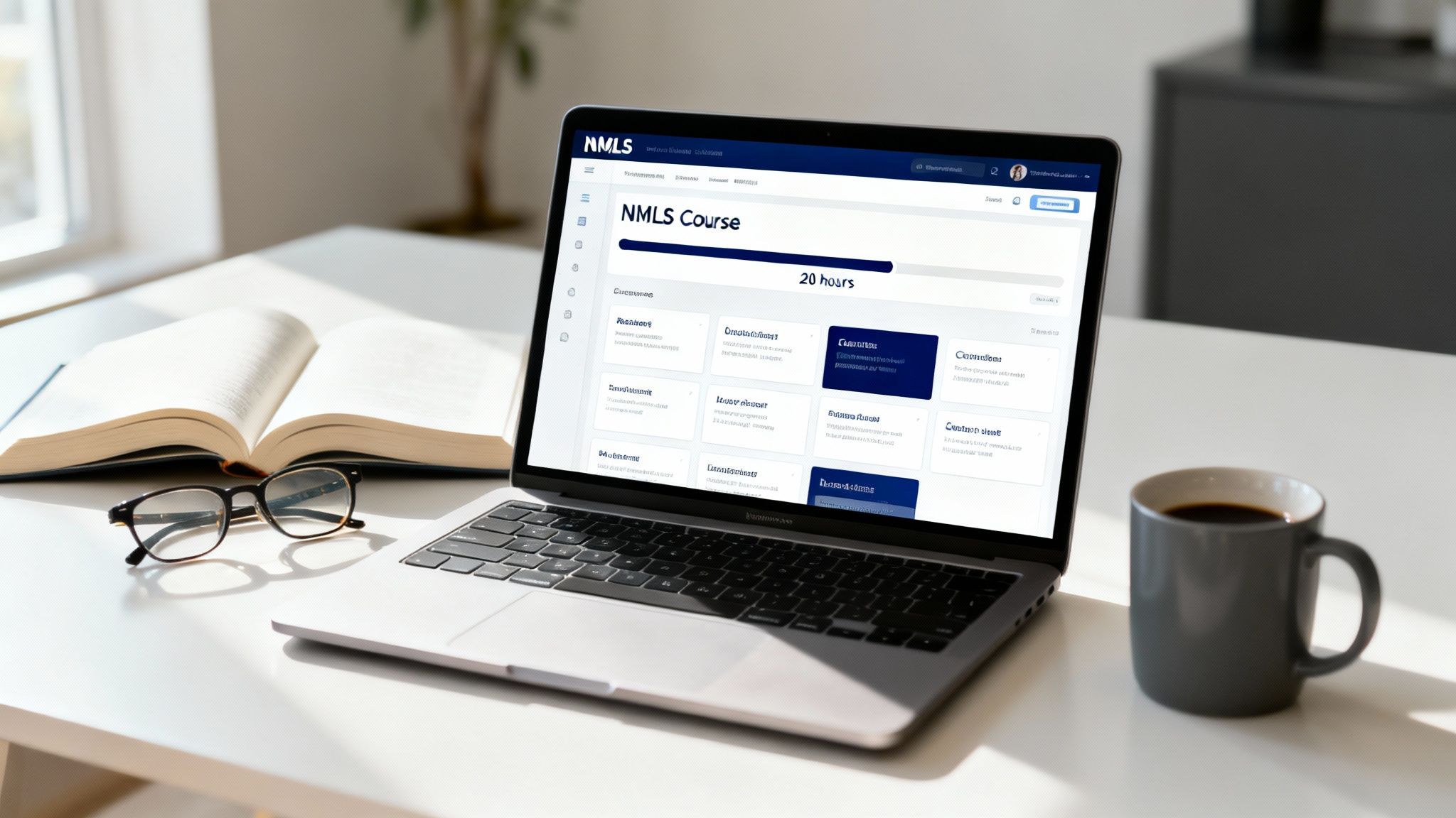 A person focused on an online NMLS course on their laptop, with educational graphics in the foreground.