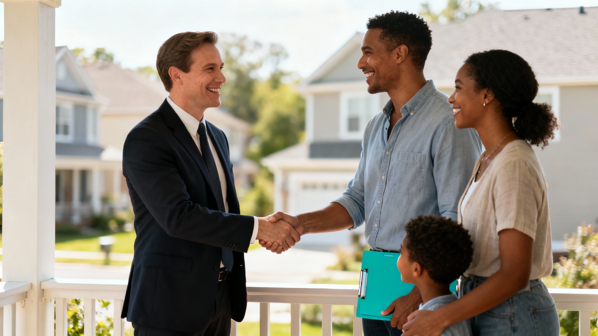 A smiling loan officer shakes hands with a man, while a woman and child look on happily.