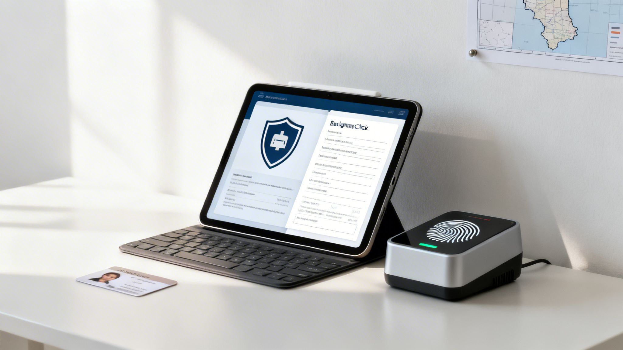 Digital identity verification setup with a tablet, fingerprint scanner, and ID card on a desk.