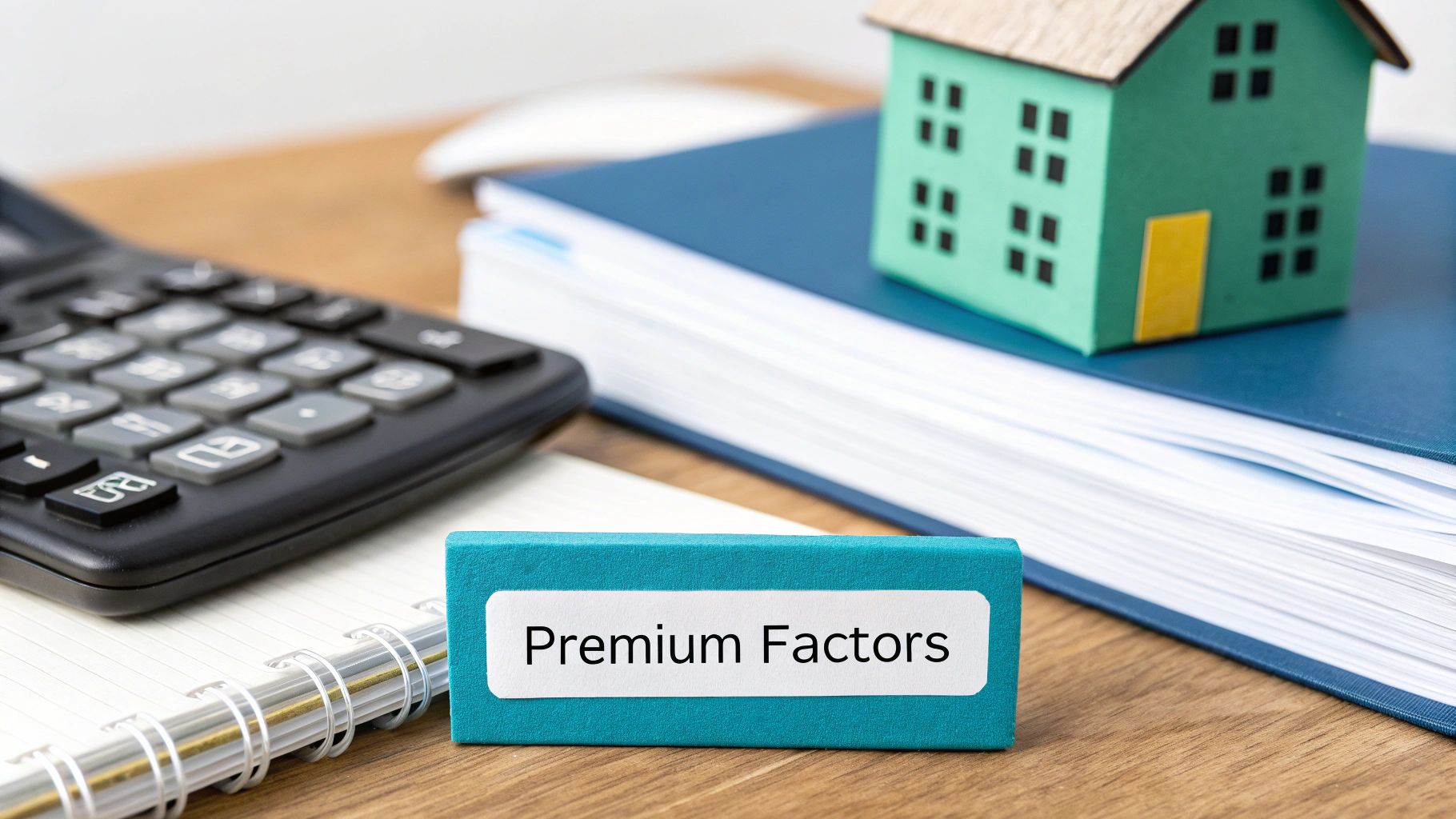 A person using a calculator with a model house and financial charts in the background, symbolizing the calculation of mortgage insurance costs.
