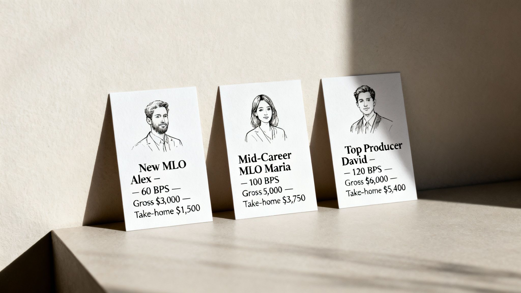 Three white cards illustrate MLO commission tiers for new, mid-career, and top producers.