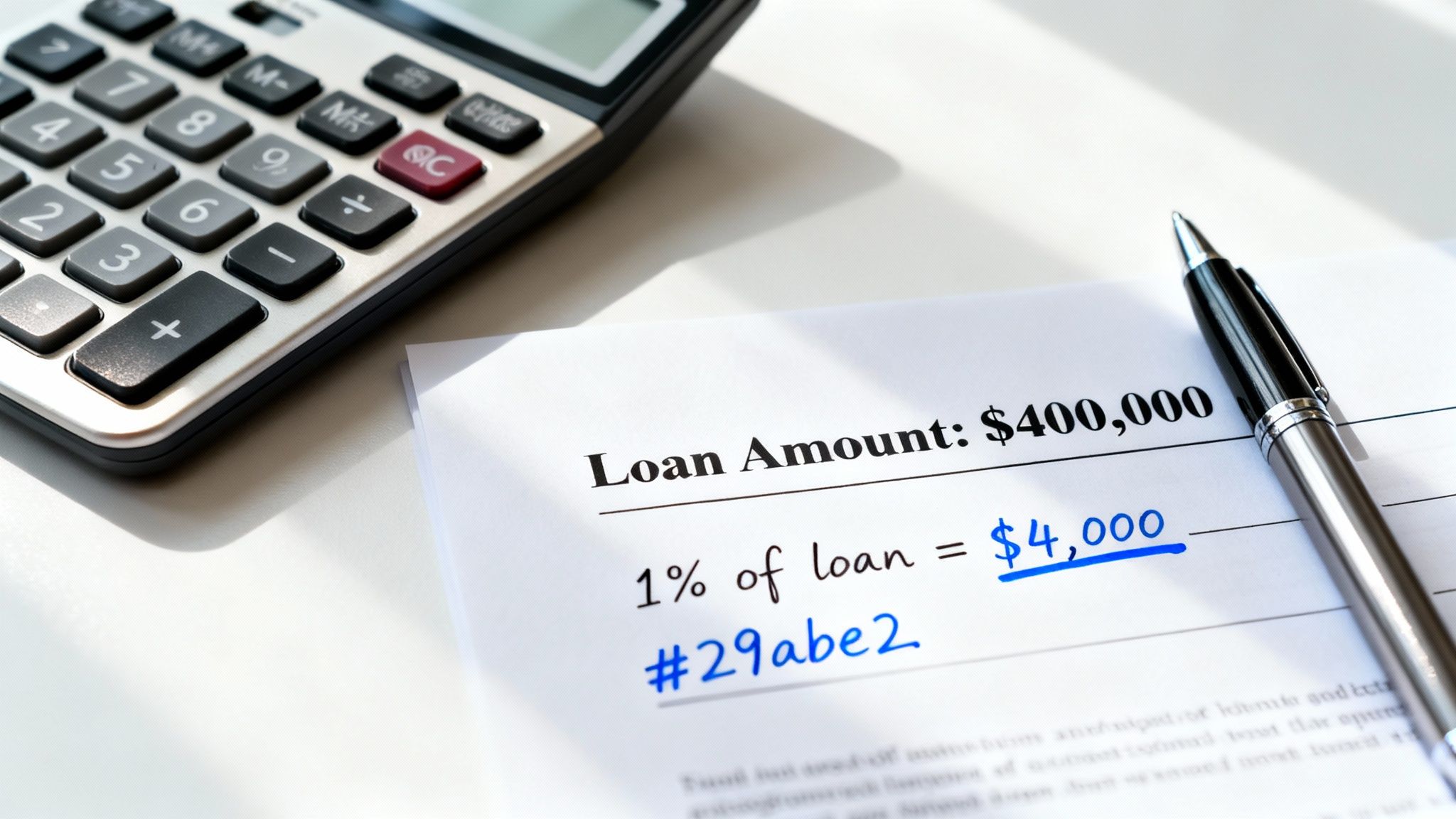 A calculator, pen, and paper showing a loan amount of $400,000 and 1% of the loan calculated as $4,000.