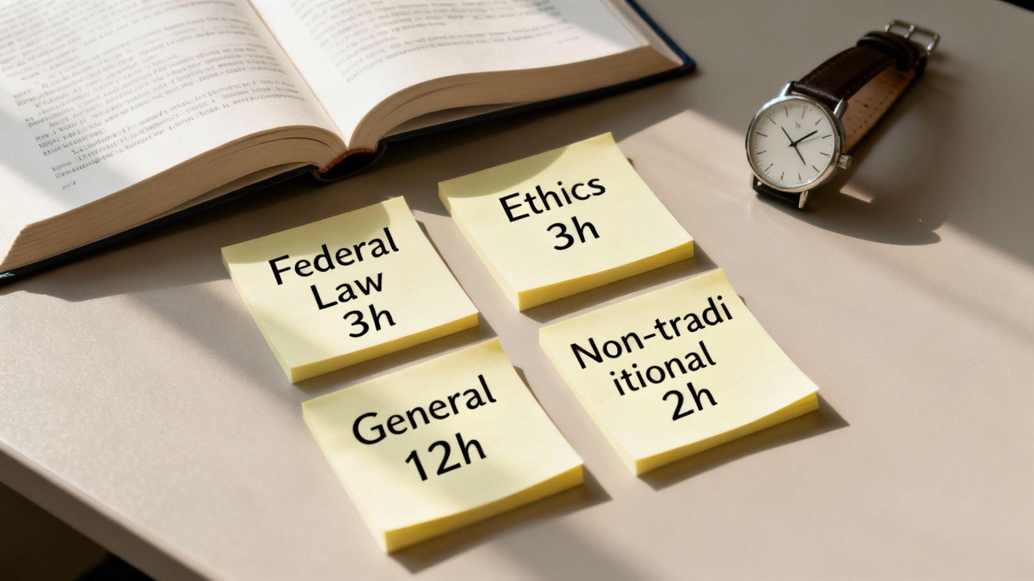 An open book, a wristwatch, and four sticky notes detailing law course hours on a desk.