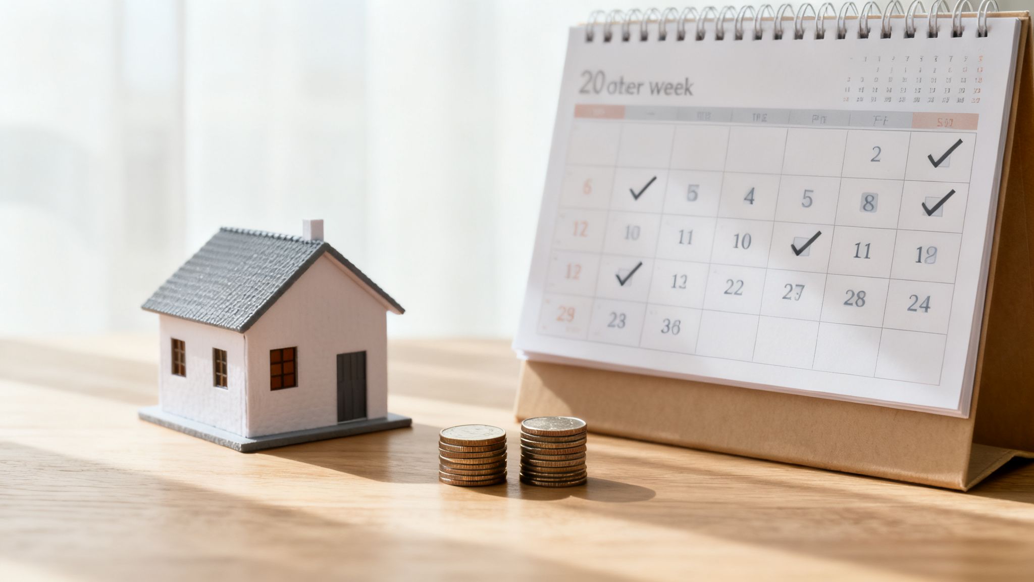 A miniature house, two stacks of coins, and a calendar with checkmarks on a wooden desk, symbolizing home loan payments.