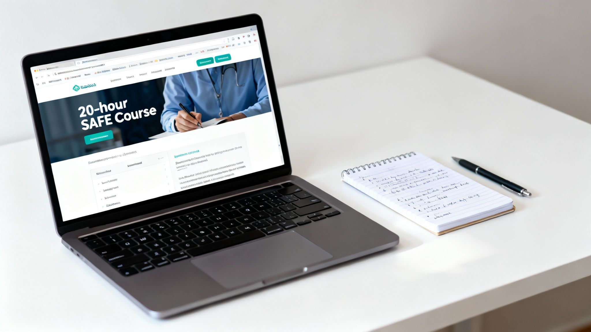 A bright and modern image of a laptop on a white desk displays a website for a '20-hour SAFE Course,' with a notepad and pen nearby.