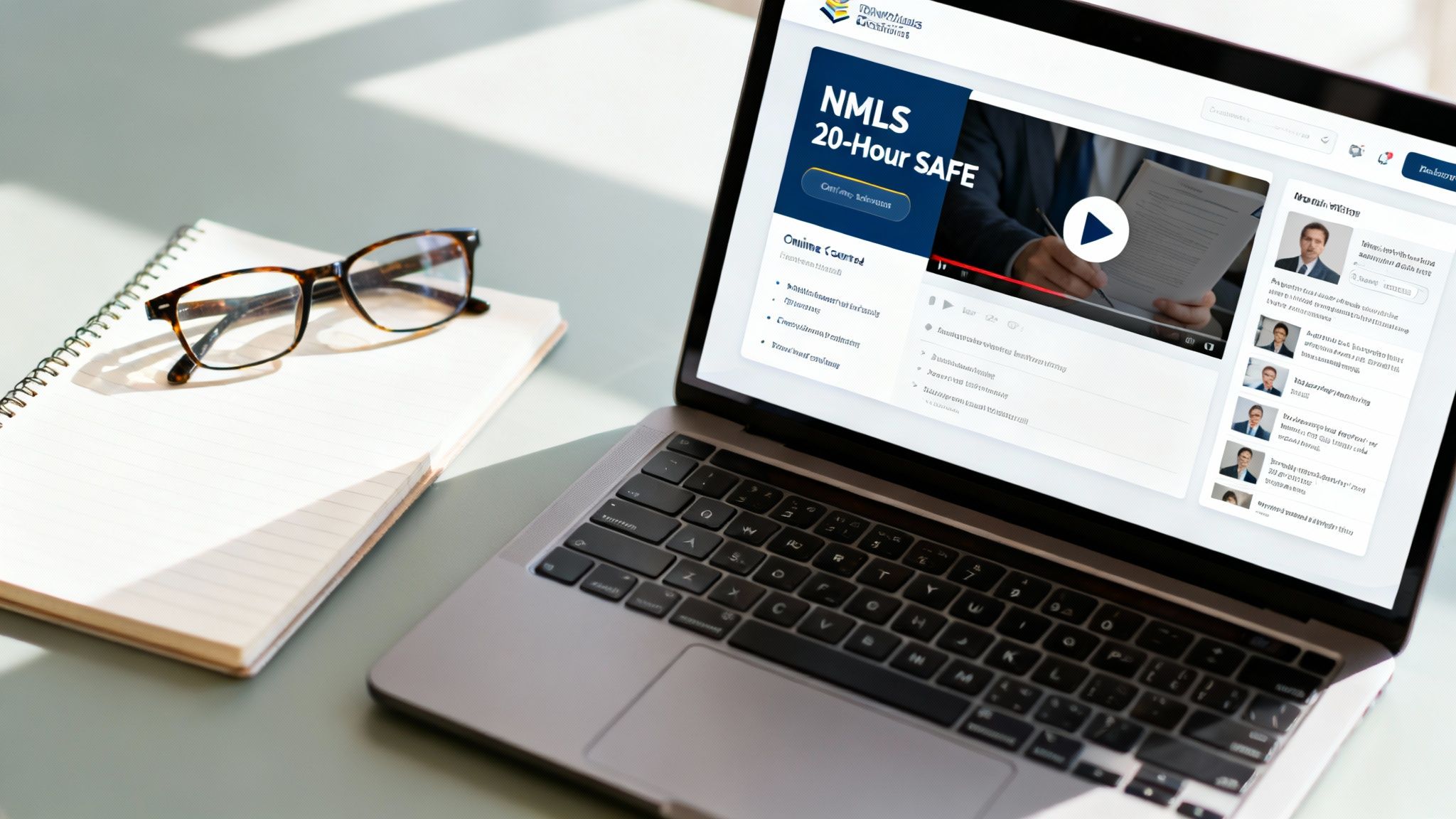 A laptop displaying an NMLS 20-Hour SAFE online course, a notebook, and glasses on a desk.
