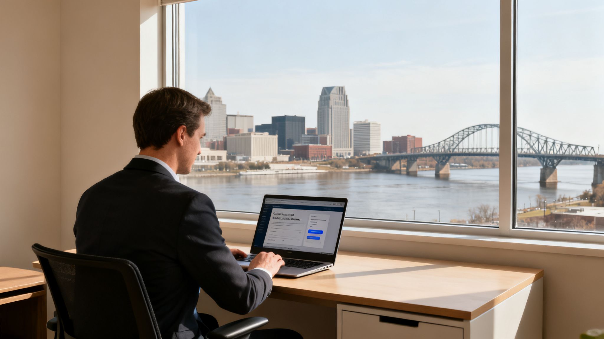 Man in suit working on a laptop overlooking a cityscape with a river and bridge.