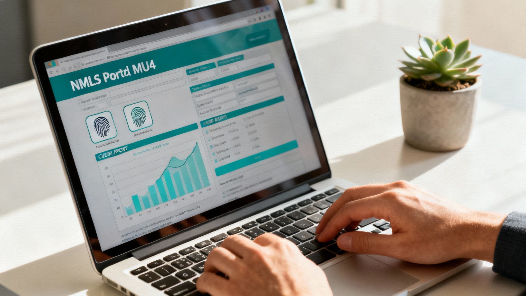 A person at a desk carefully reviewing an application on their computer, with a professional, calming blue color scheme.