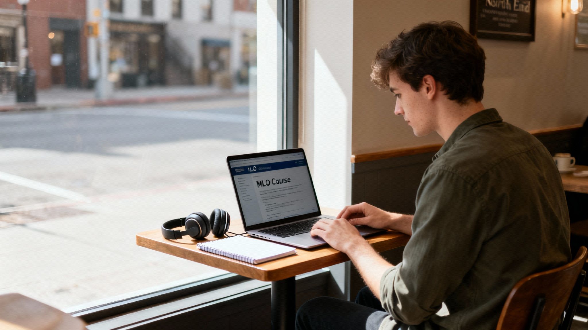 A young man studying an MLO course on his laptop in a bright cafe.