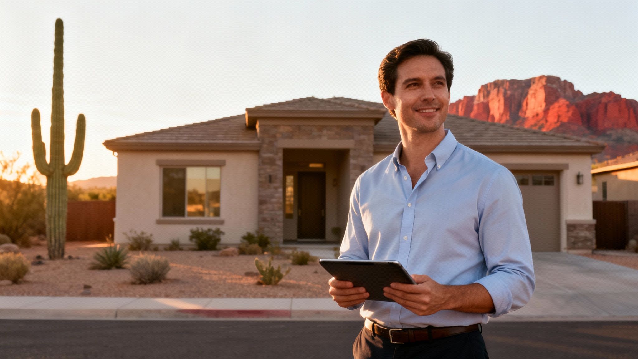 Smiling man holding a tablet stands in front of a modern desert house in Arizona.