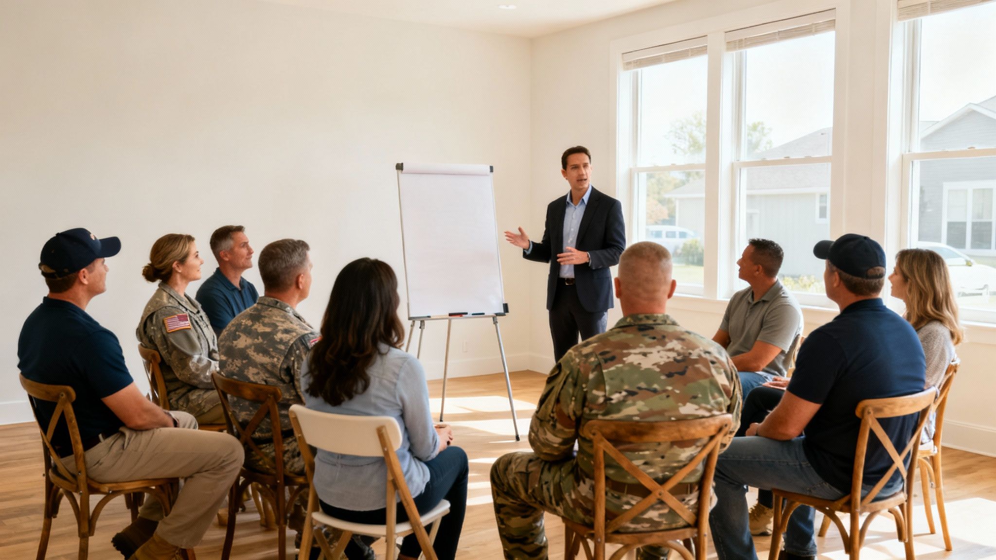 A professional presenter speaks to a diverse group, including military members and veterans, at a seminar.