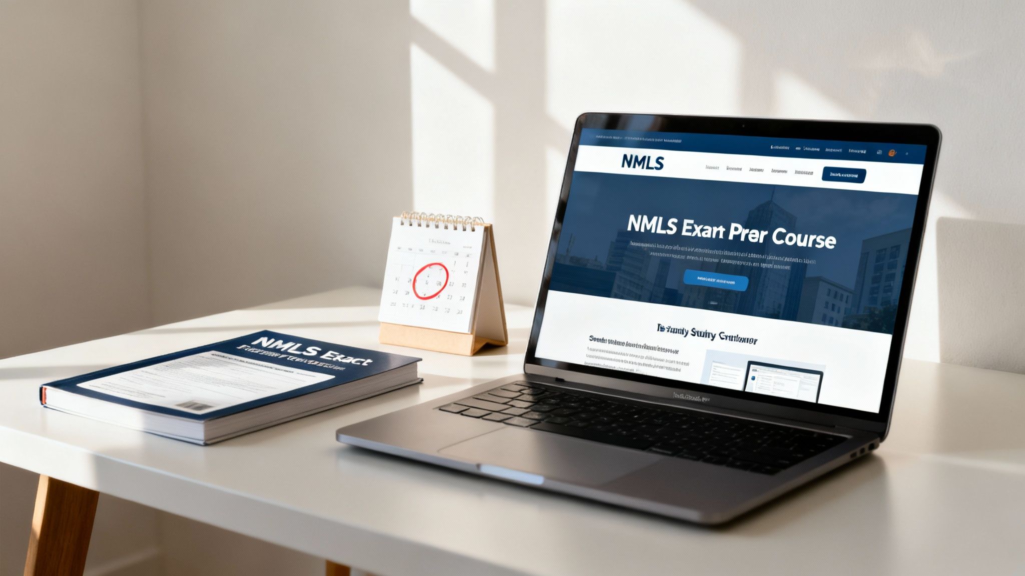 Laptop displaying NMLS exam prep course website with study materials and calendar on desk