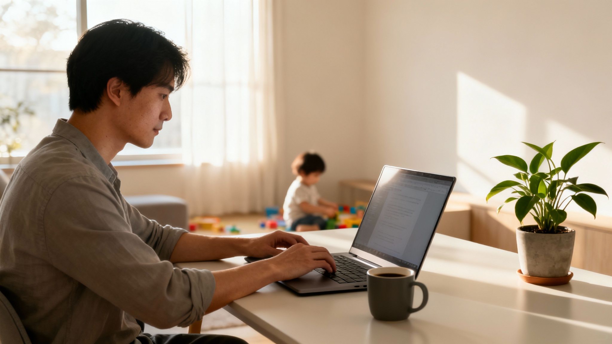 A man works on a laptop from home, with his child playing with colorful toys in the background.