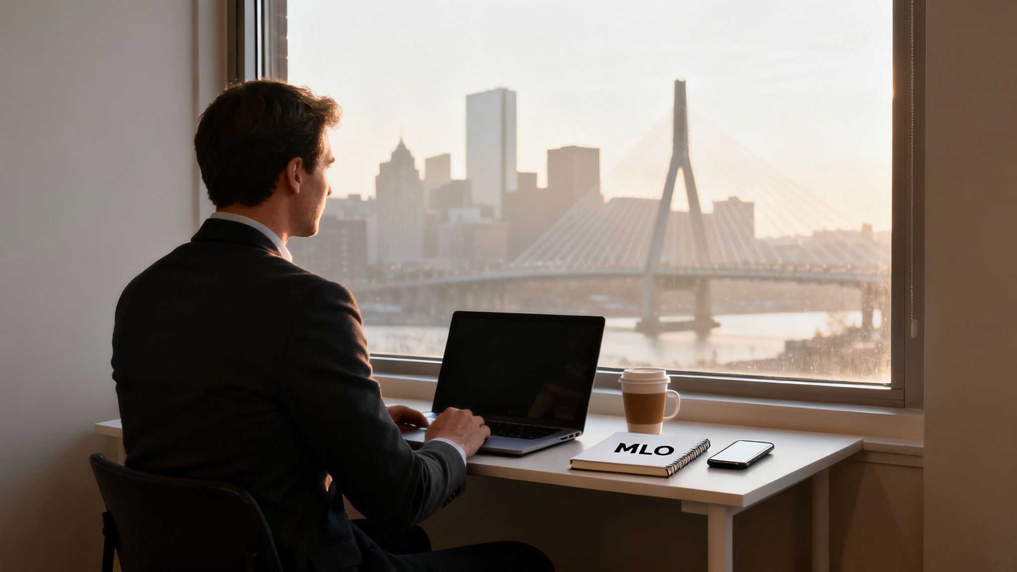 A man in a suit works on a laptop at a desk, looking out at a city skyline with a bridge, with an MLO notebook next to him.