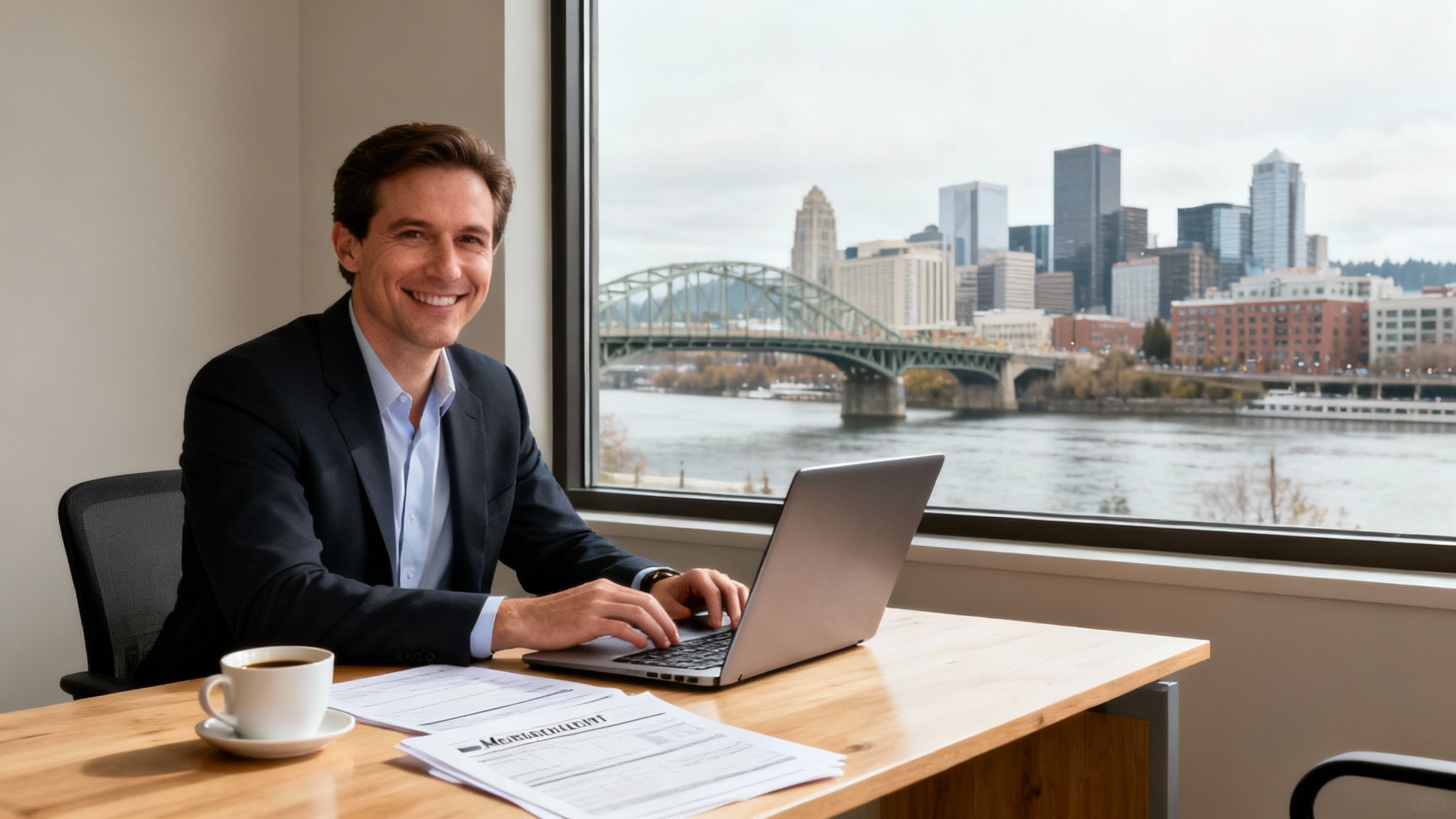 A modern home office with a view of Portland, Oregon, representing the work-from-home flexibility of an MLO.