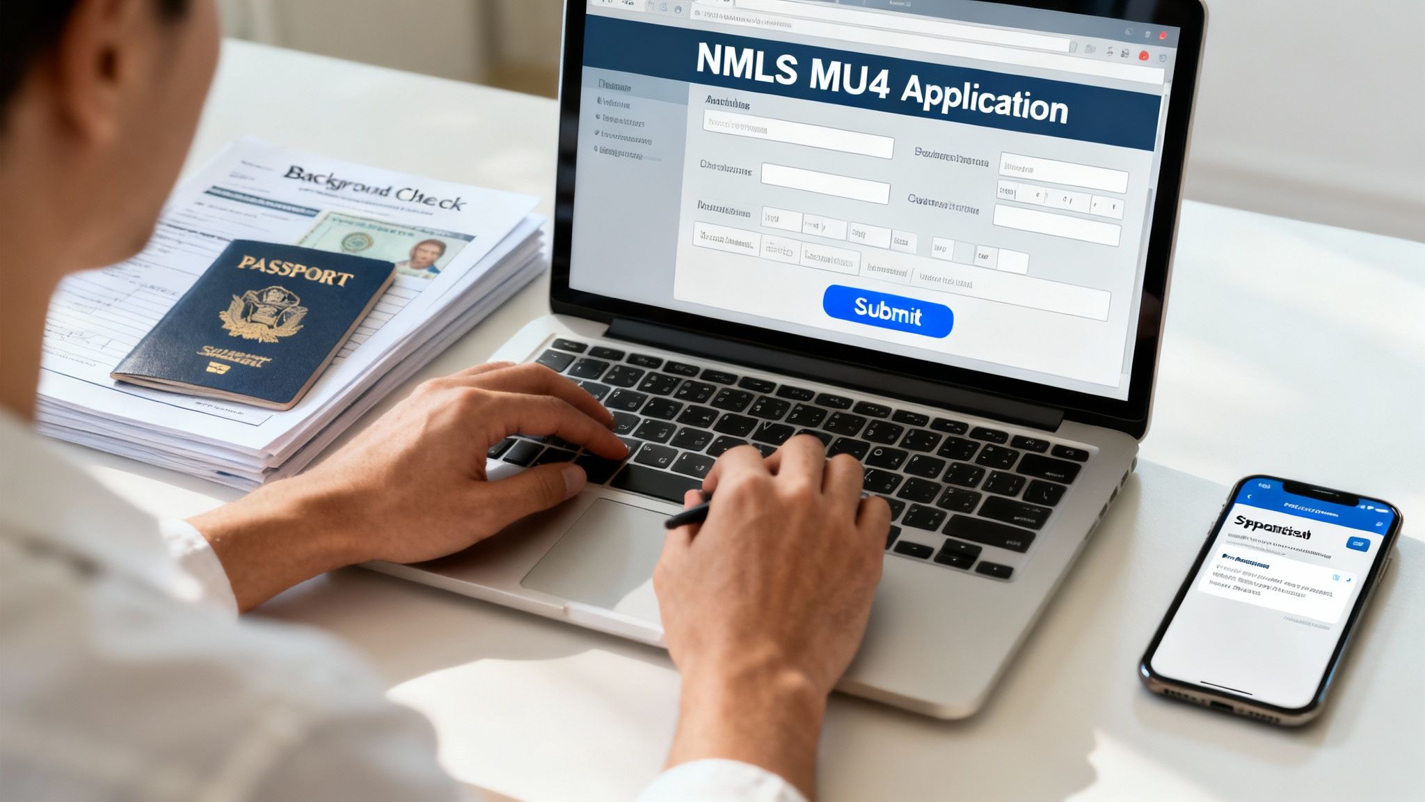 A professional woman confidently filling out an online application on her laptop in a modern office, representing the MLO license submission process.