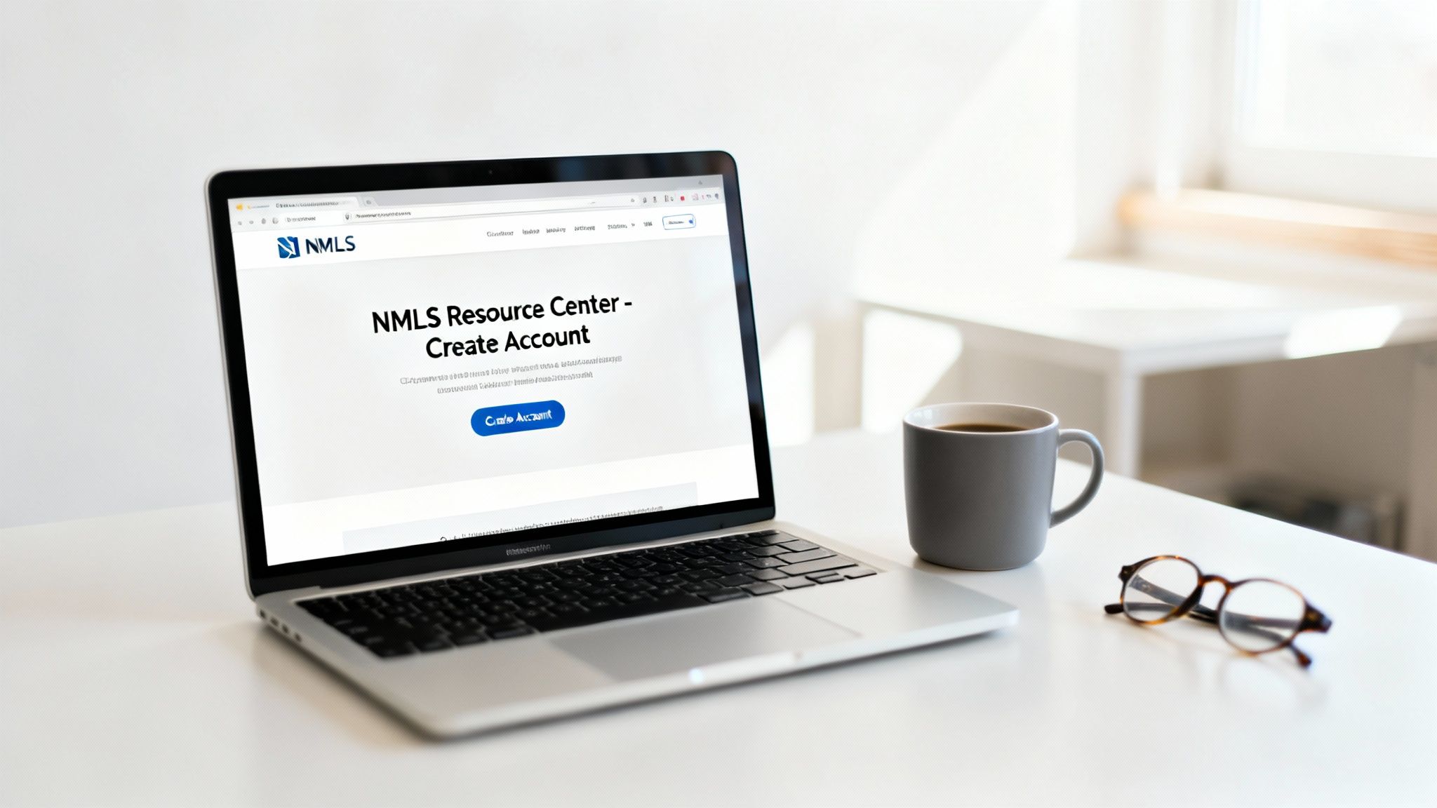 A laptop displaying the NMLS Resource Center website on a white desk with a coffee mug and glasses.