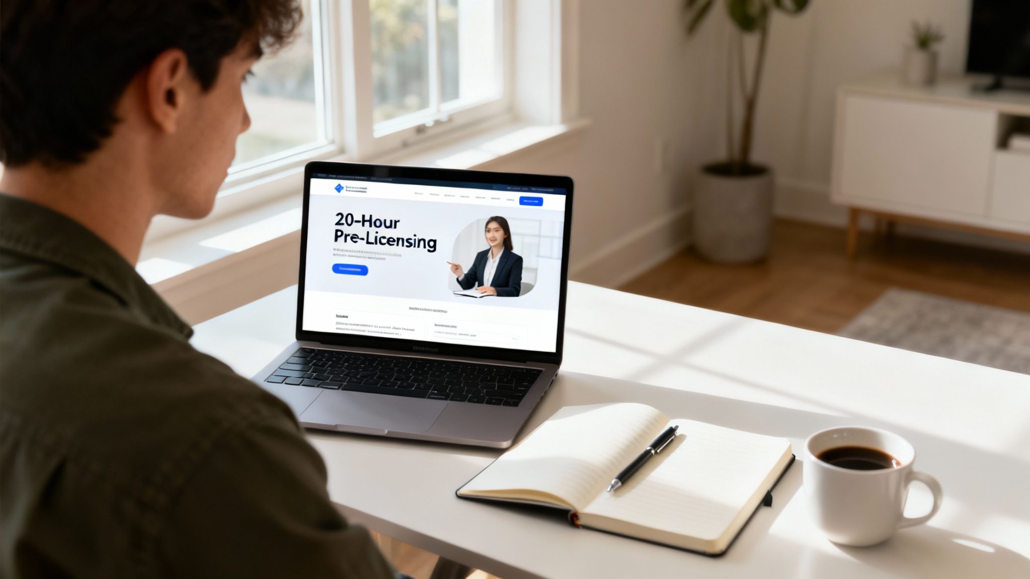 A man studies on a laptop displaying a 20-hour pre-licensing course, with a notebook and coffee nearby.