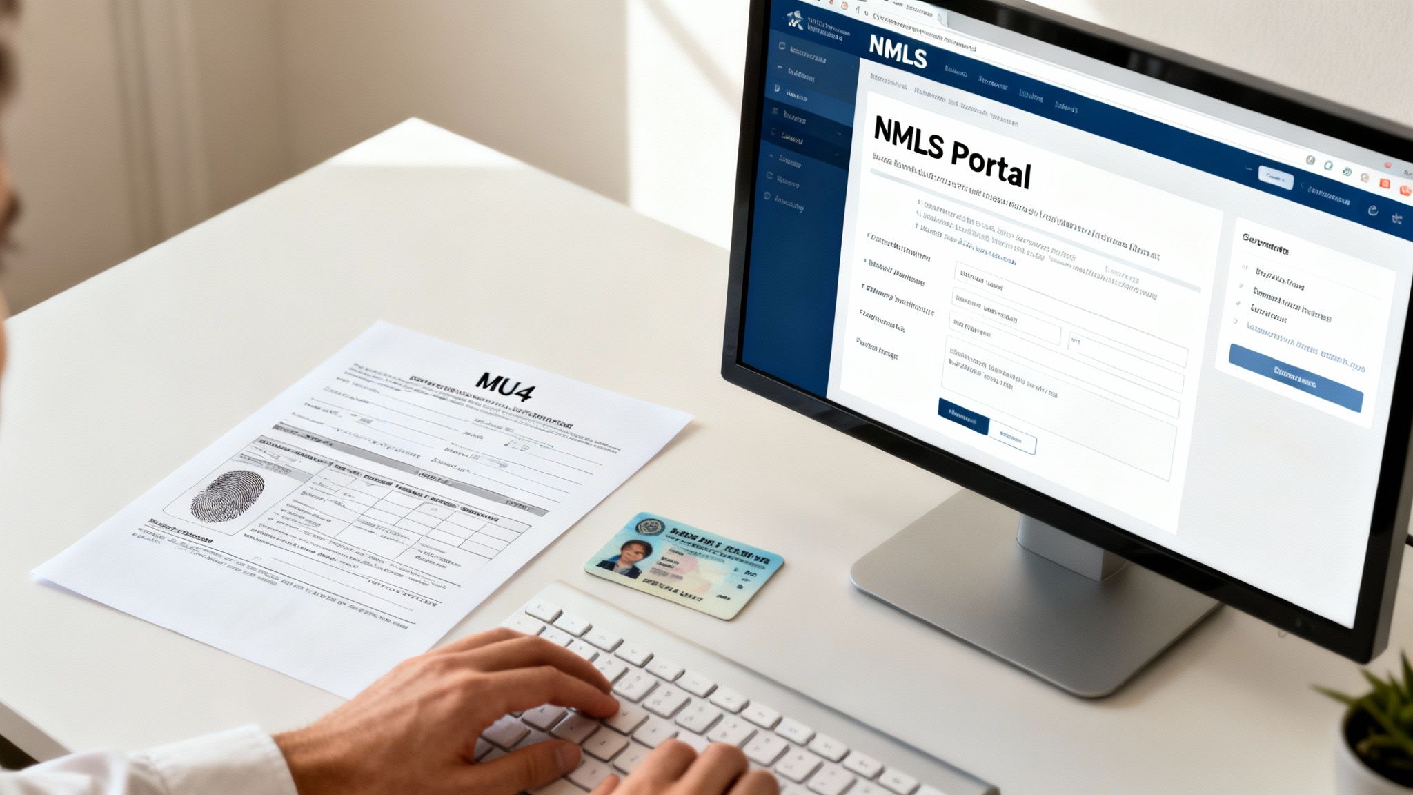 A person works on a computer with an NMLS portal, MU4 form, and ID card on a desk.