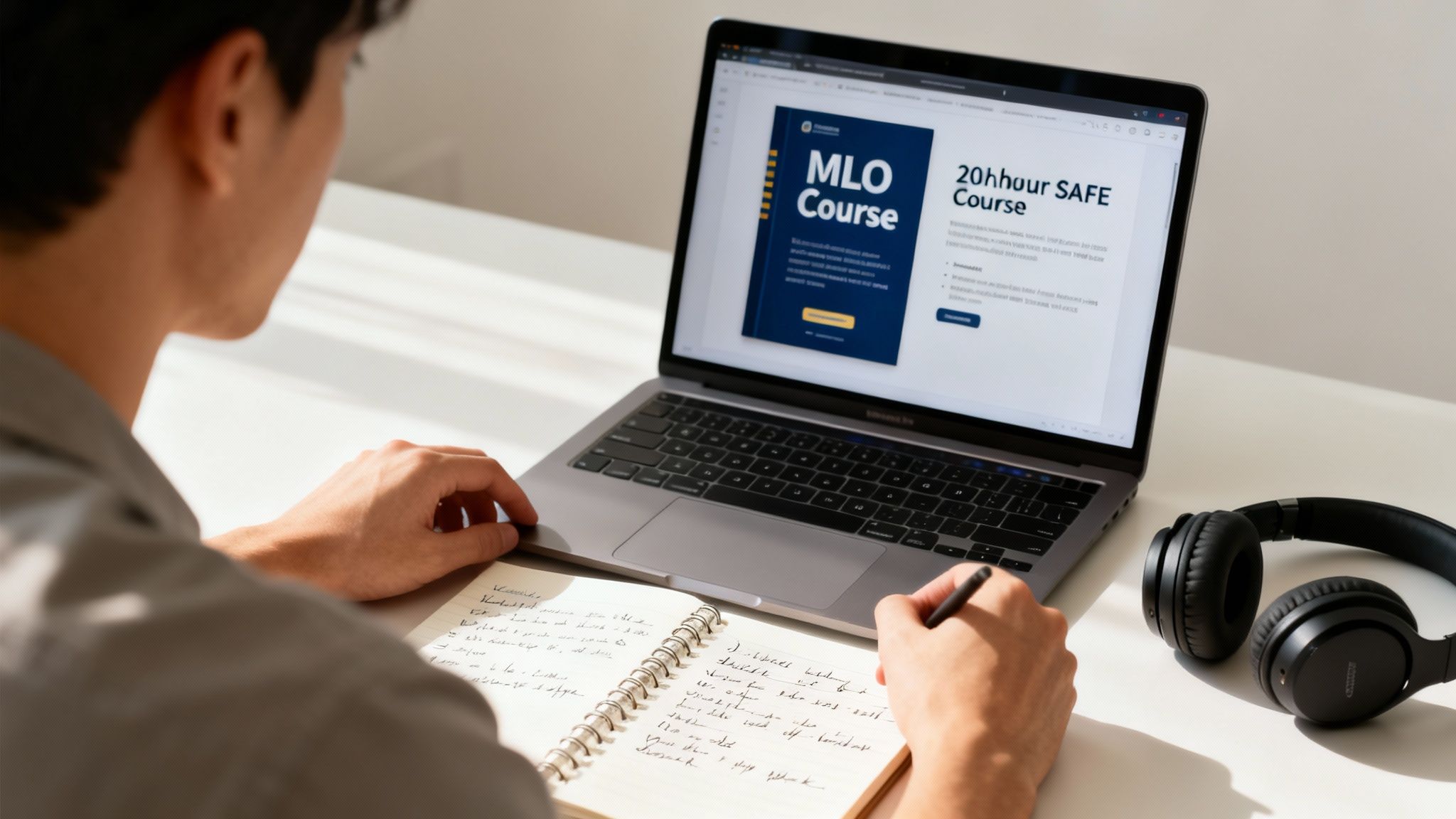 A person studies an MLO Course online on a laptop, taking notes in a notebook.