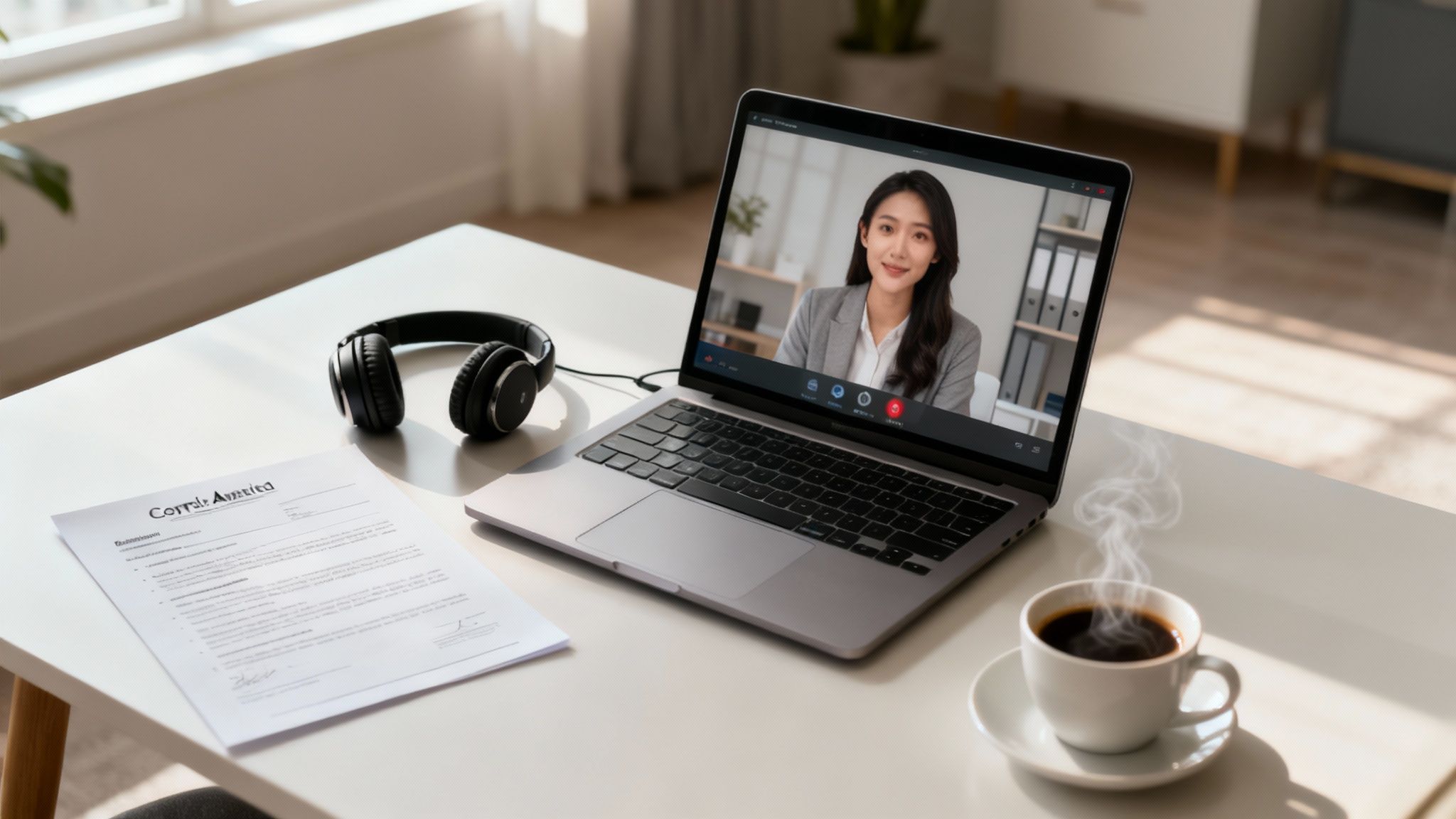 A professional mortgage loan officer working remotely with a modern setup, looking confident and engaged.