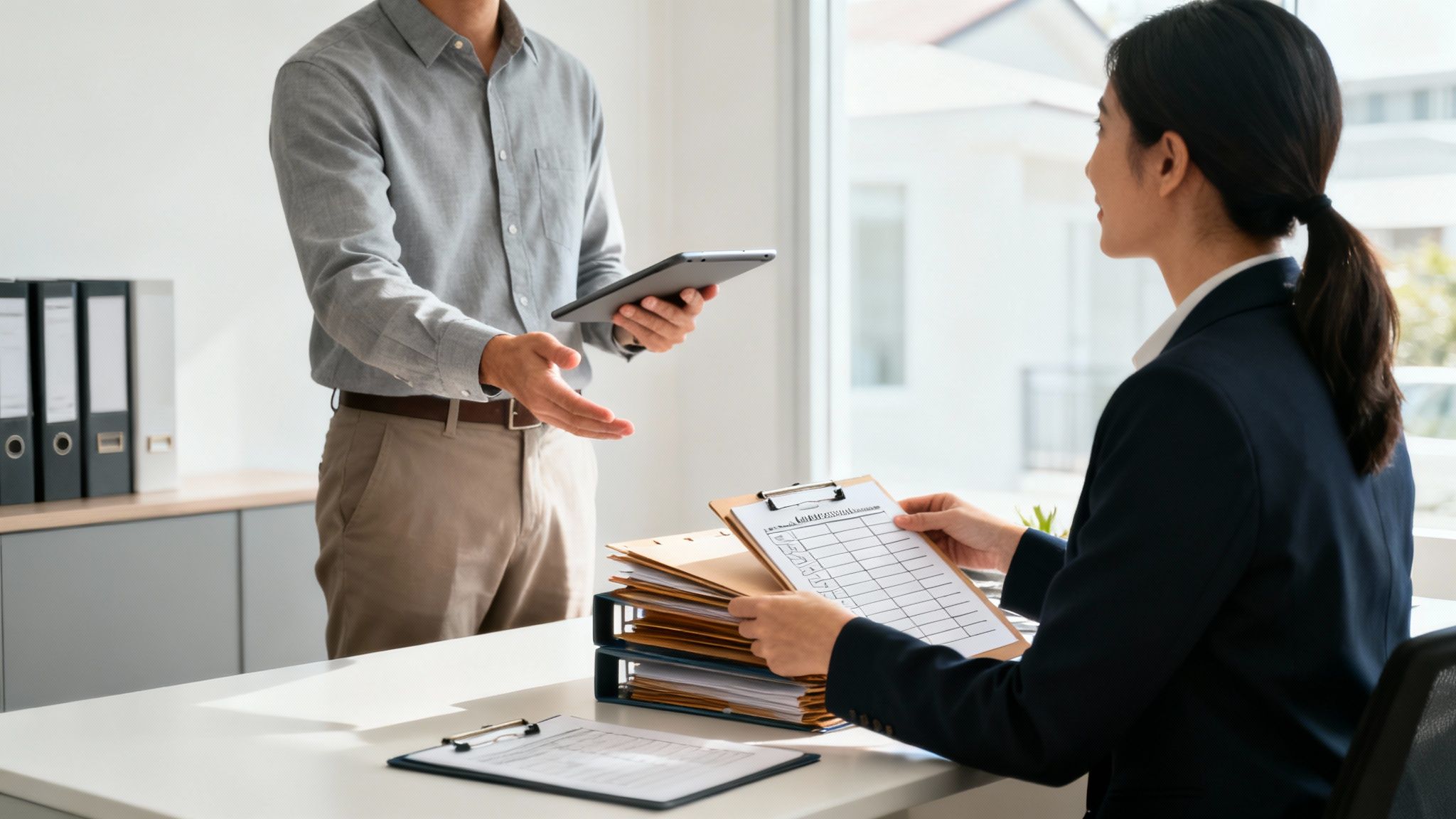 Two smiling professionals discussing paperwork at a desk, illustrating the collaborative nature of mortgage roles.