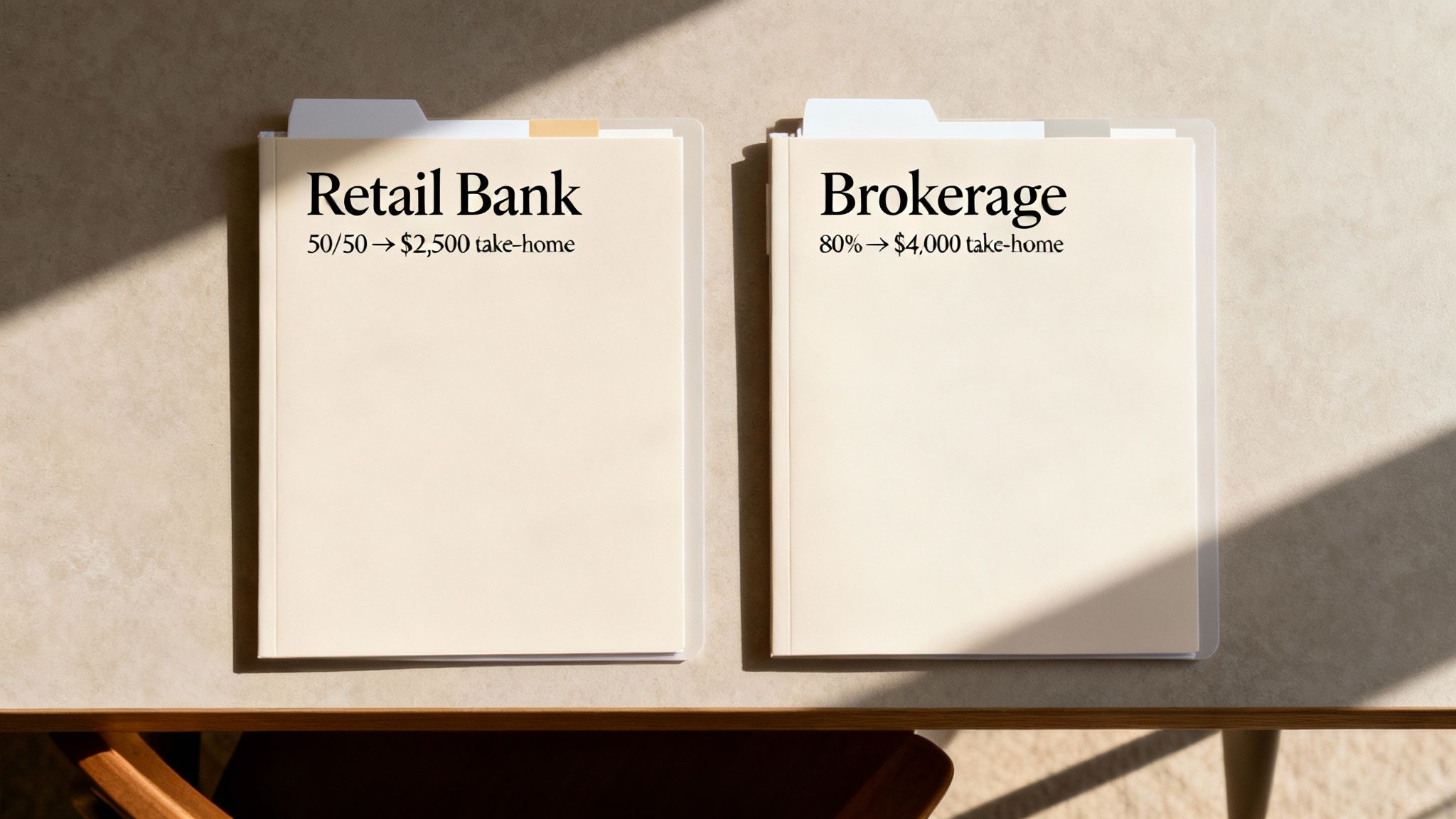 Two folders comparing retail bank (50/50, $2,500 take-home) and brokerage (80%, $4,000 take-home) earnings.
