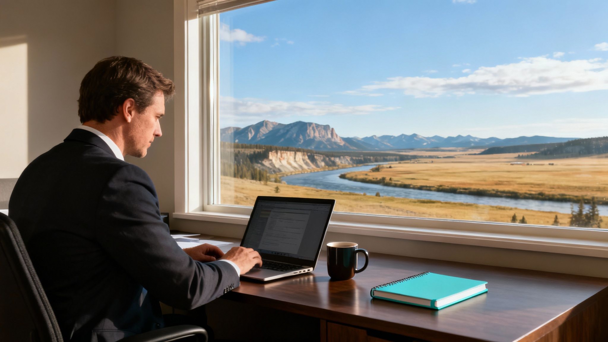 Professional man in a suit working on a laptop at a desk with stunning mountain and river views.