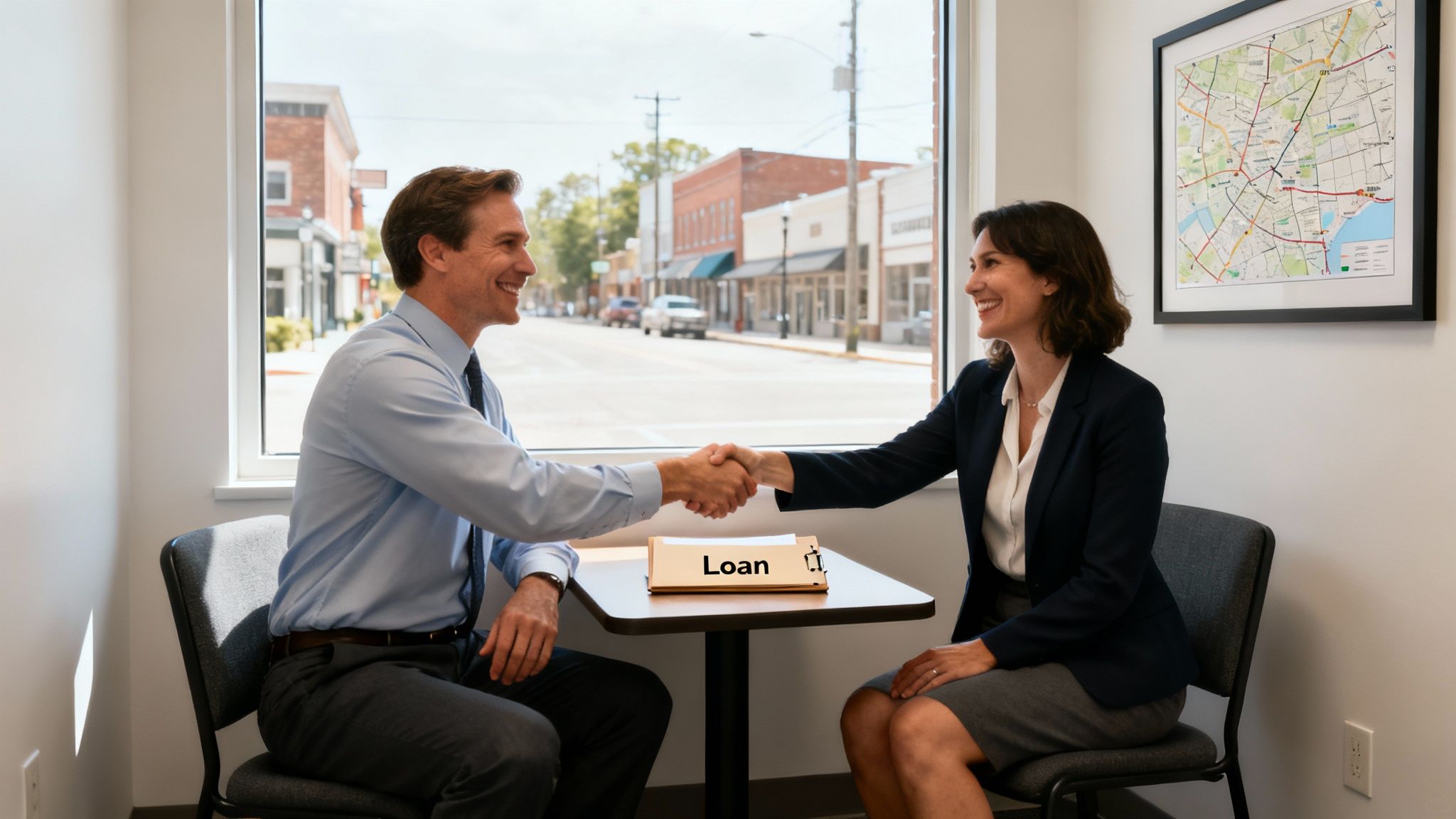 A confident mortgage loan originator of Indian descent, dressed in business casual attire, smiling in a bright, modern office setting.
