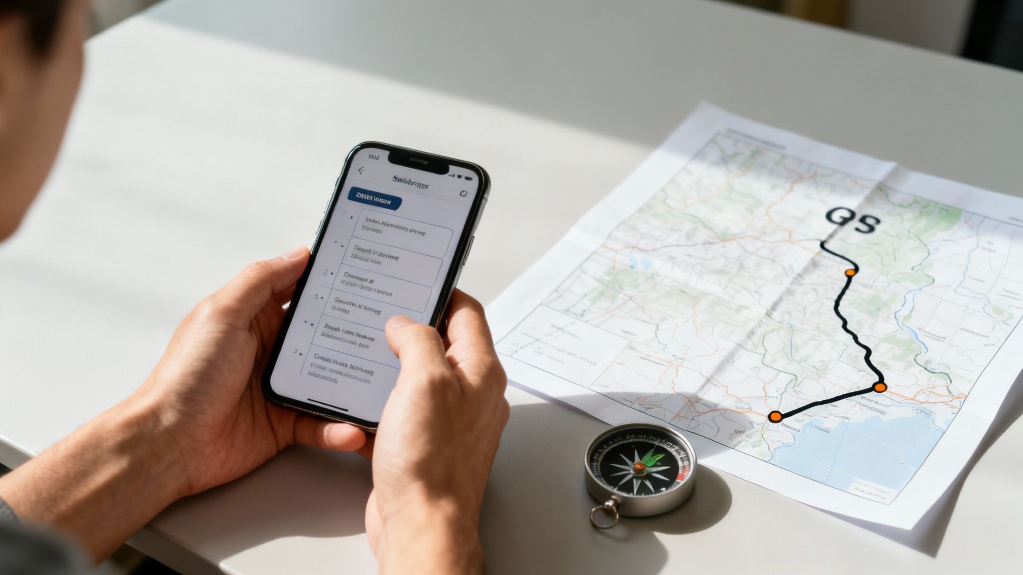 Person using smartphone to review NMLS exam prep course checklist beside printed map and compass
