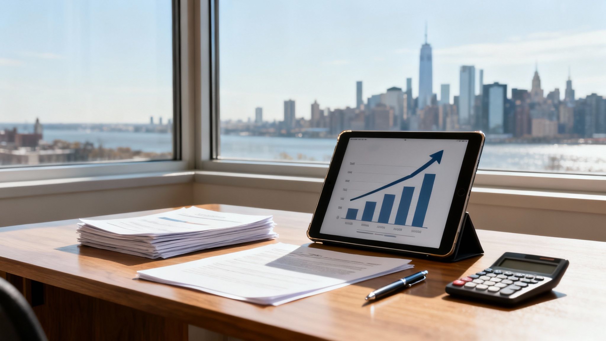 A tablet displaying a rising bar chart on a desk with documents, a pen, and a calculator, overlooking a city skyline.