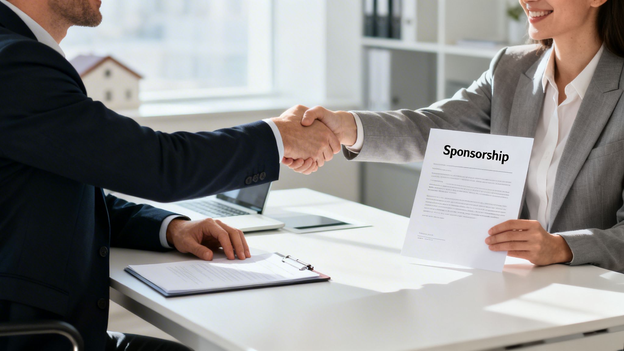 Two business professionals shake hands over a desk, finalizing a sponsorship agreement.