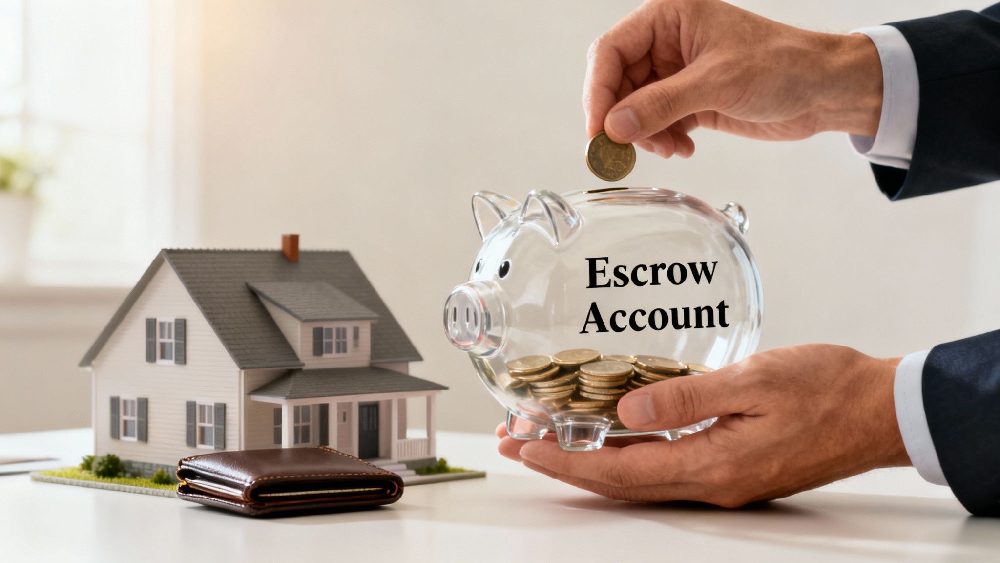 A hand puts a coin into a clear piggy bank labeled 'Escrow Account' next to a house model.
