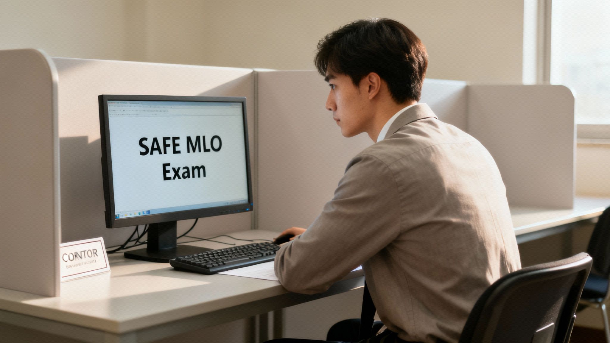 A man focuses on a computer screen displaying 'SAFE MLO Exam' in a testing center.