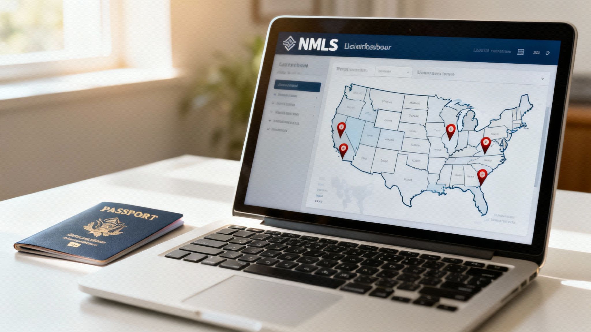 Laptop displaying a US map with NMLS interface and a US passport on a bright desk.