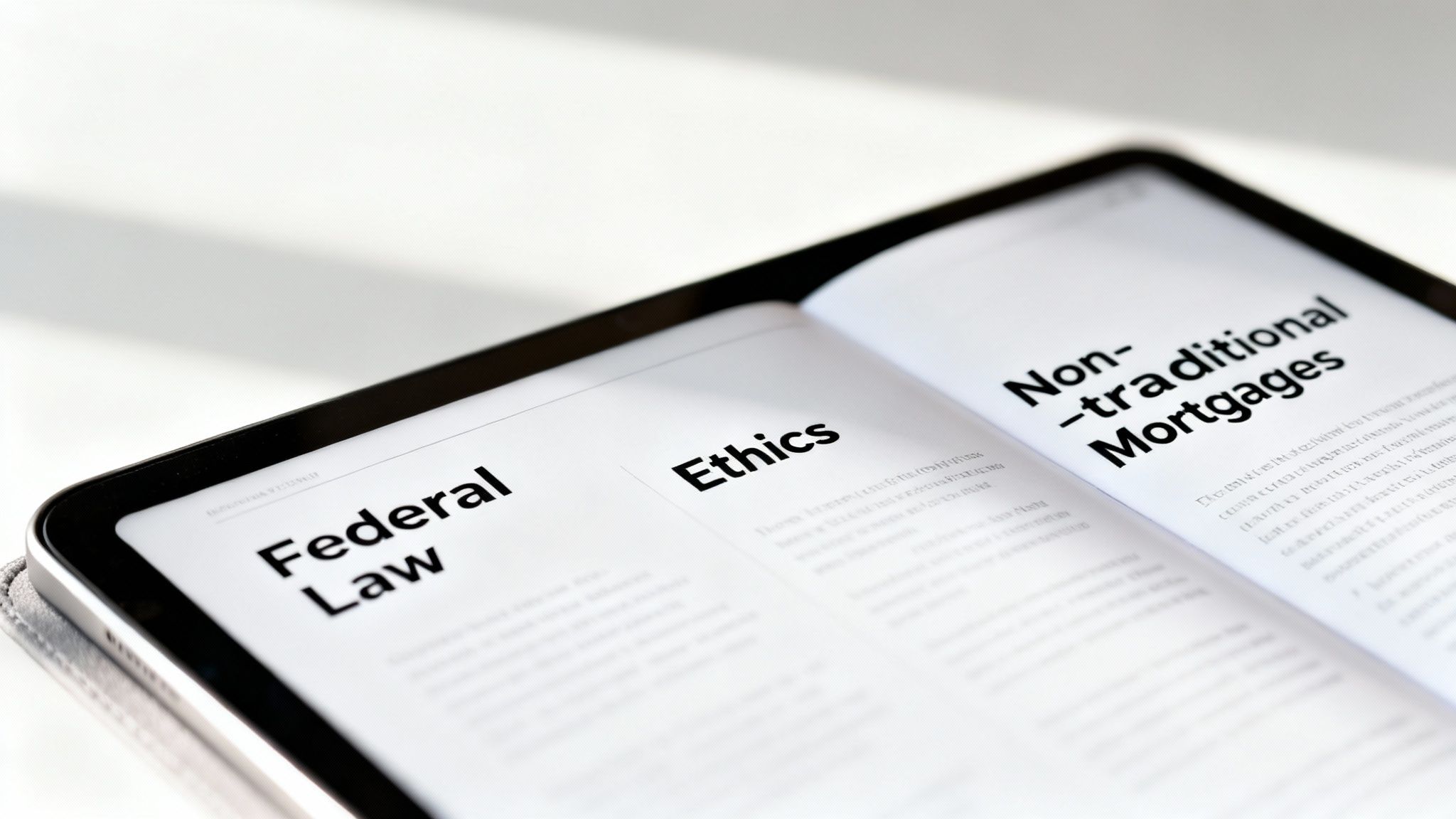 Close-up of a digital textbook displaying chapters on Federal Law, Ethics, and Non-traditional Mortgages.