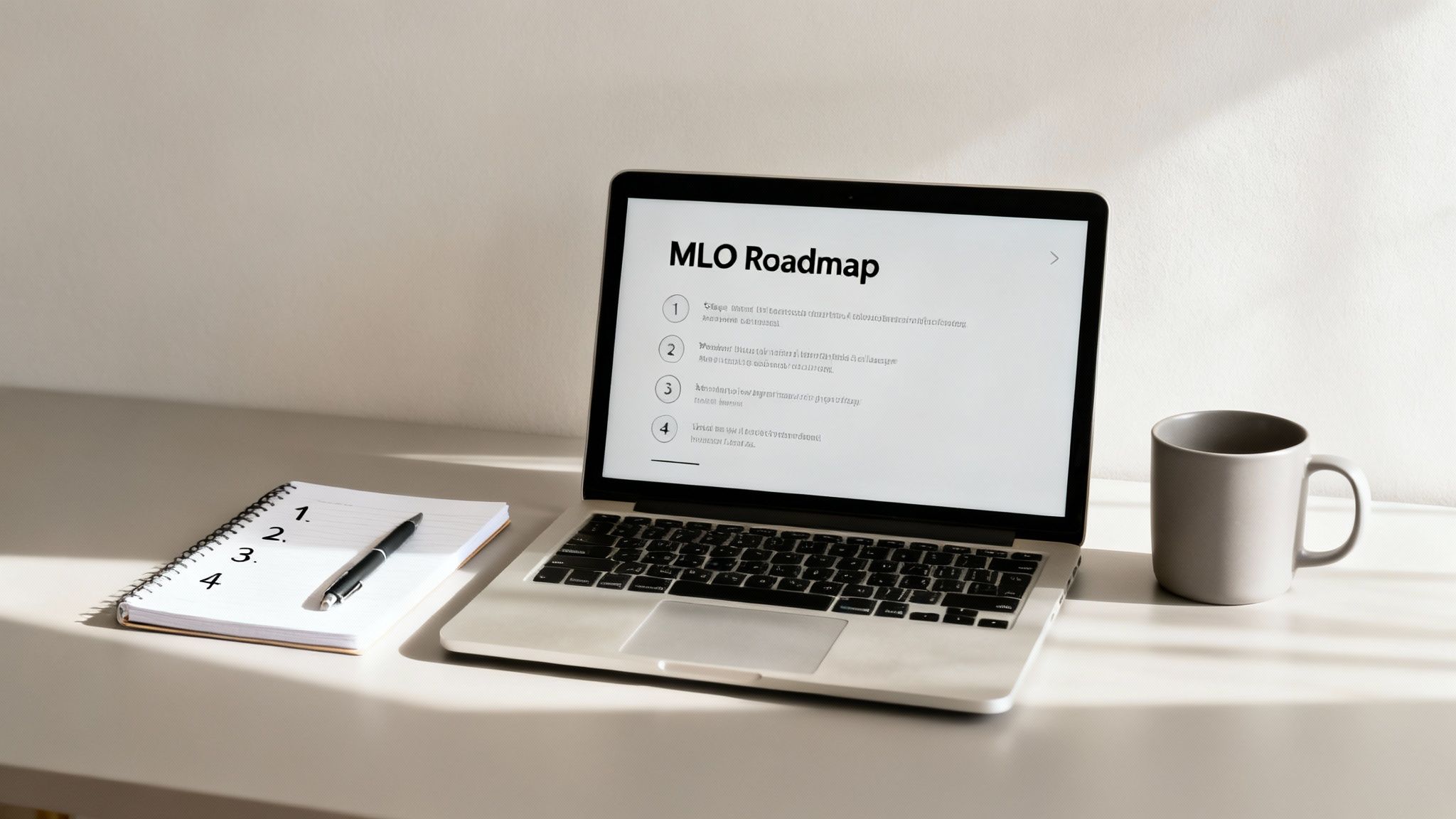 A laptop displays an MLO Roadmap, alongside a notebook with a pen and a coffee mug.