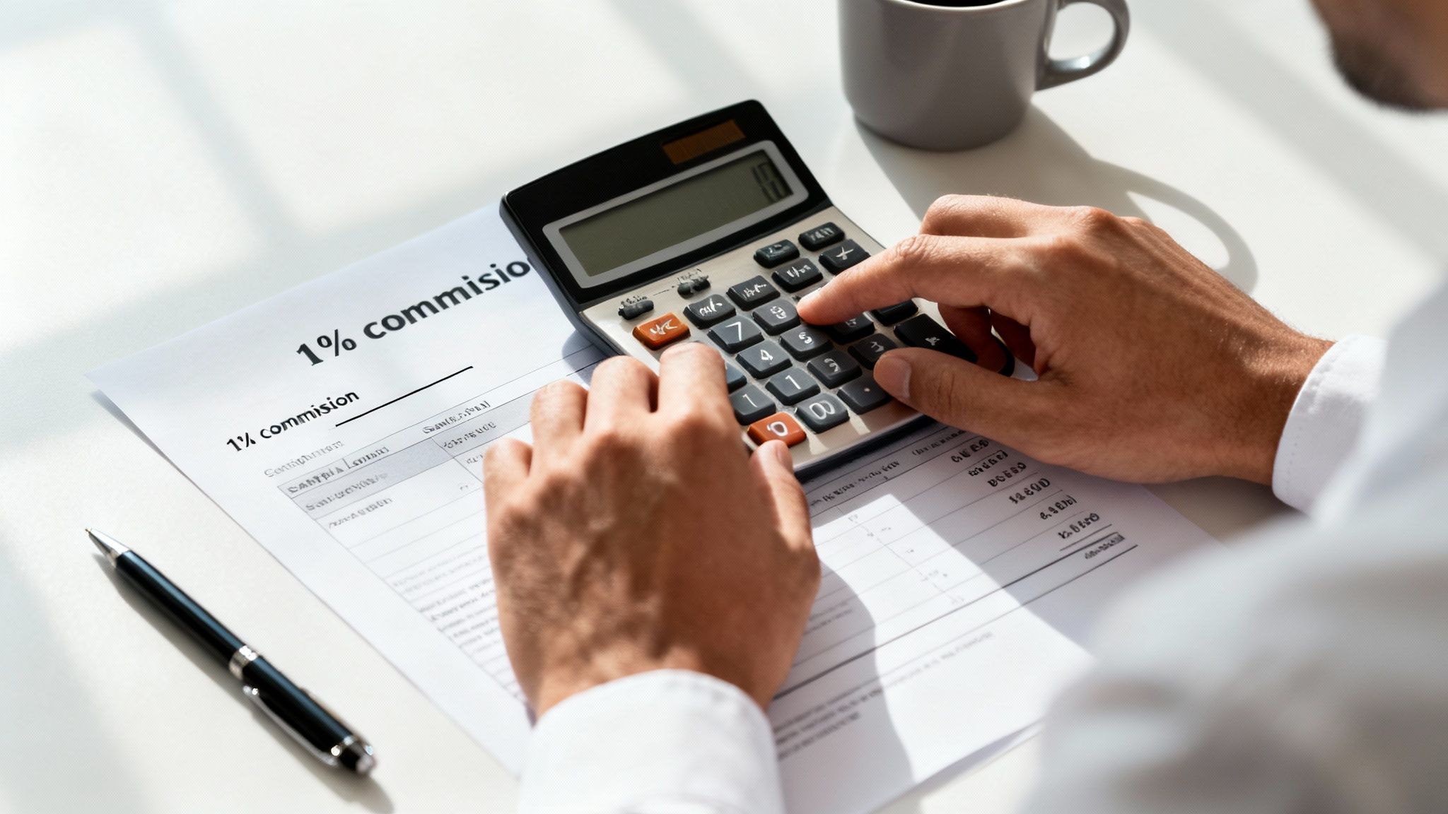 A person's hands are busy calculating commission on a calculator, next to a document and a pen.