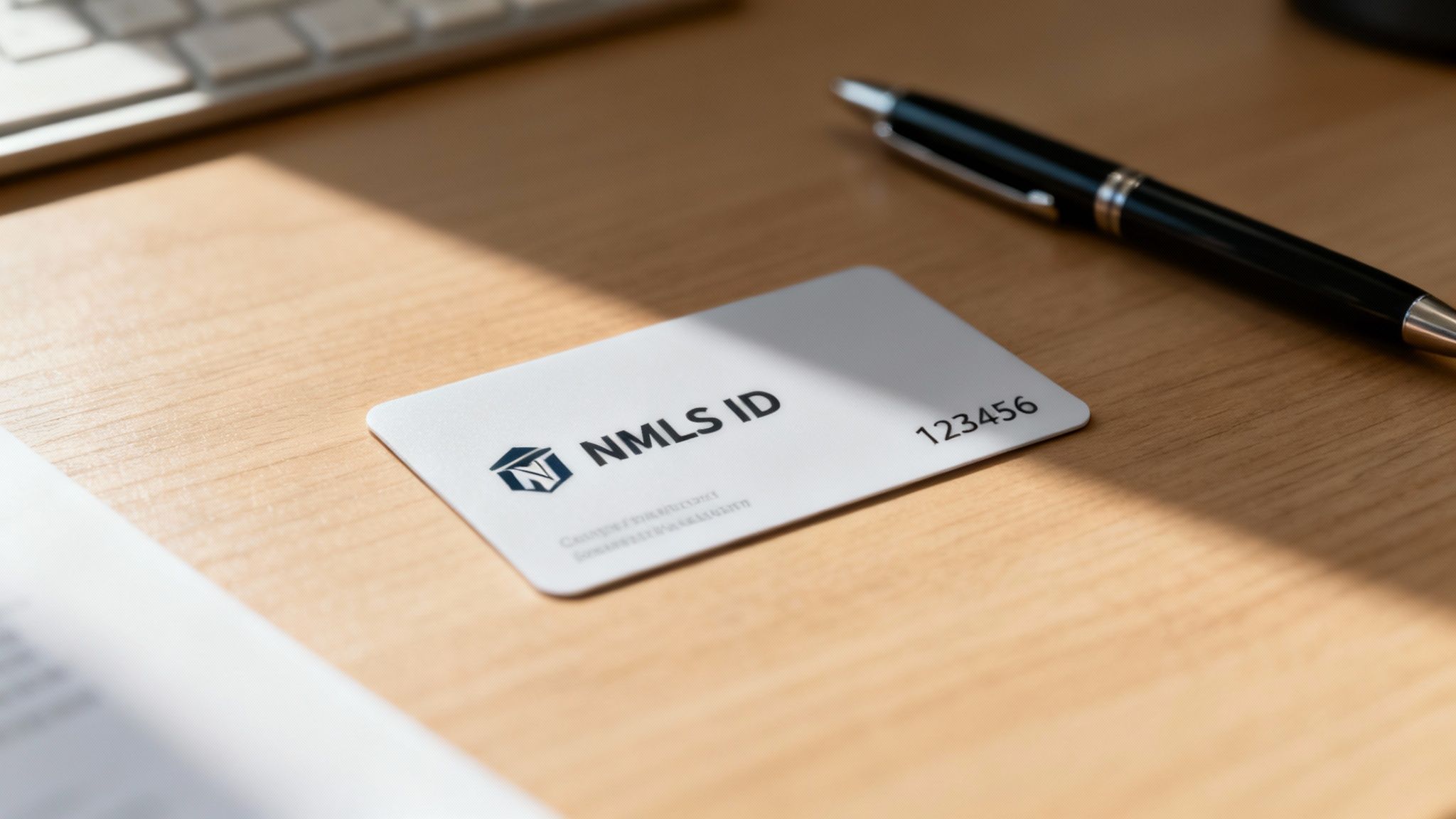 A white NMLS ID card with the number 123456 sits on a wooden desk next to a pen and keyboard.