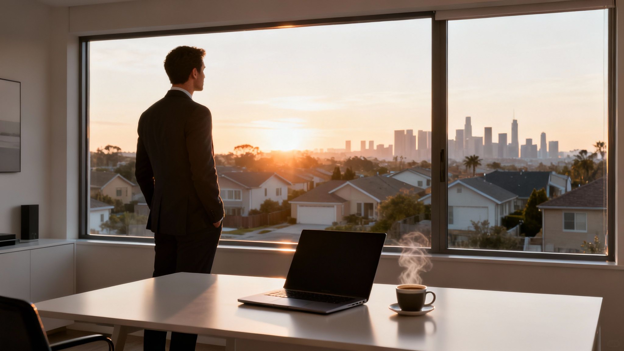 Businessman gazing at a vibrant sunset city skyline from his modern office with a laptop and coffee.