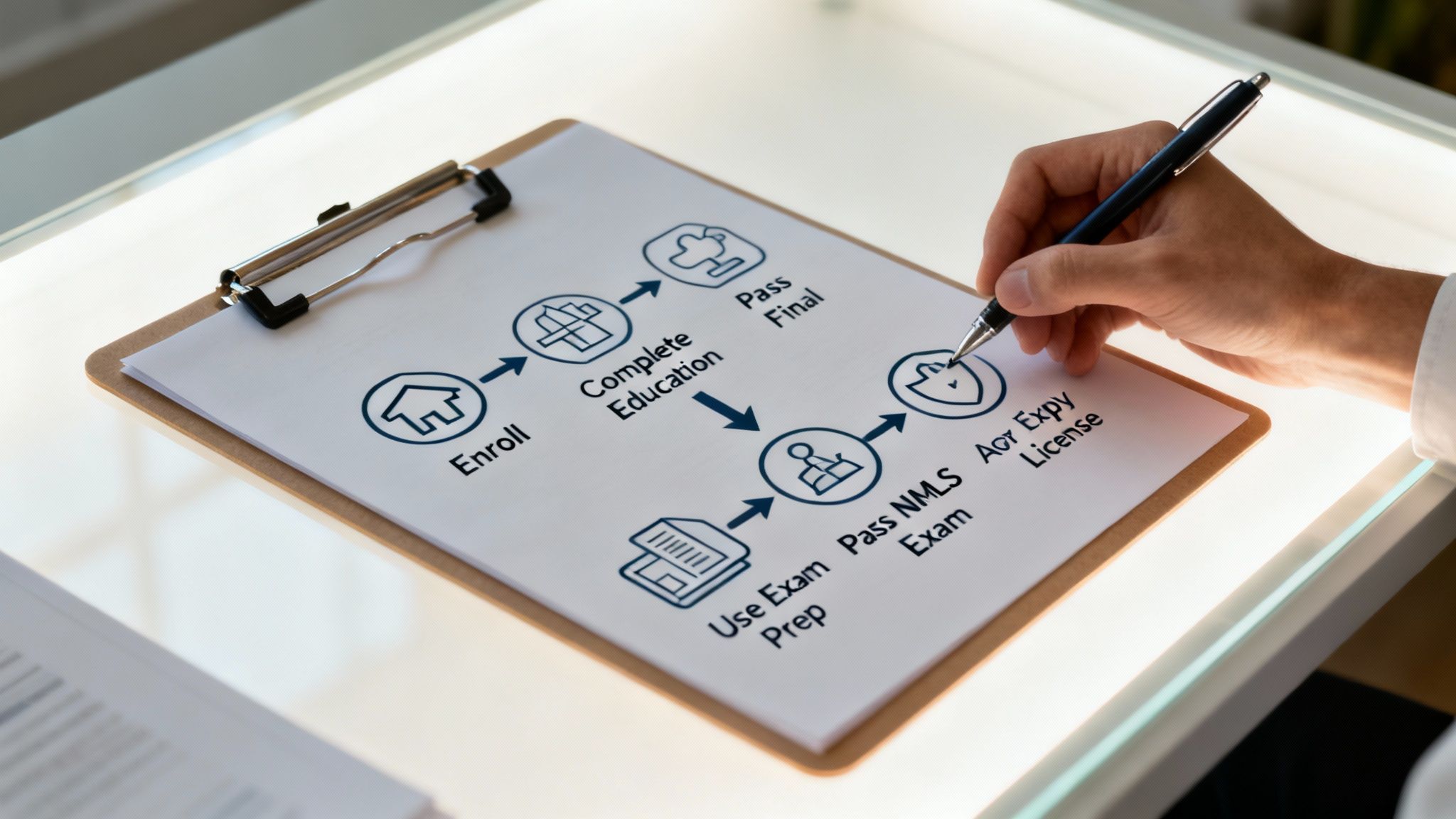A hand writing on a clipboard, showing a flowchart for a licensing process with steps.